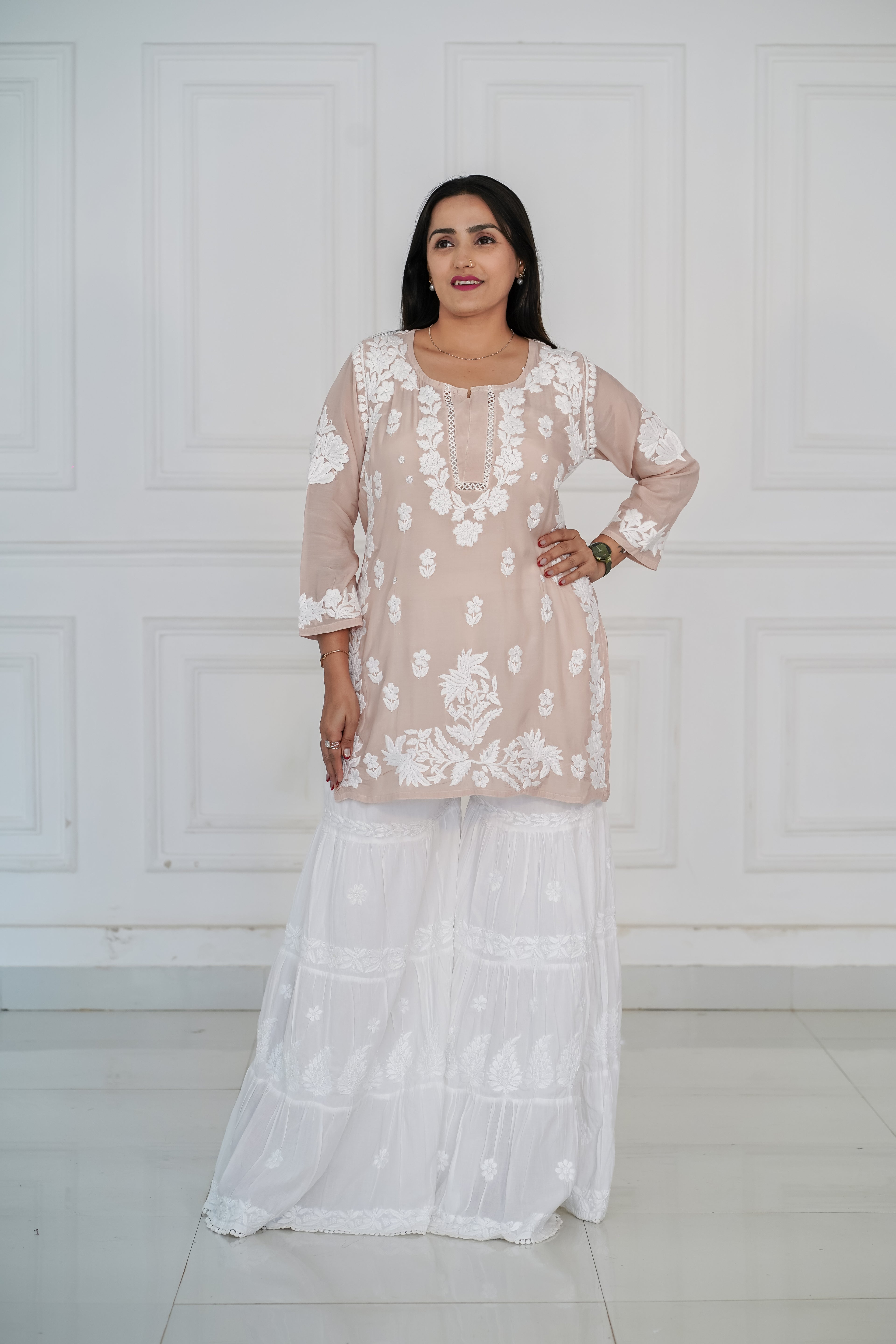 Beige Muslin Short Kurti with 3D Chikankari
