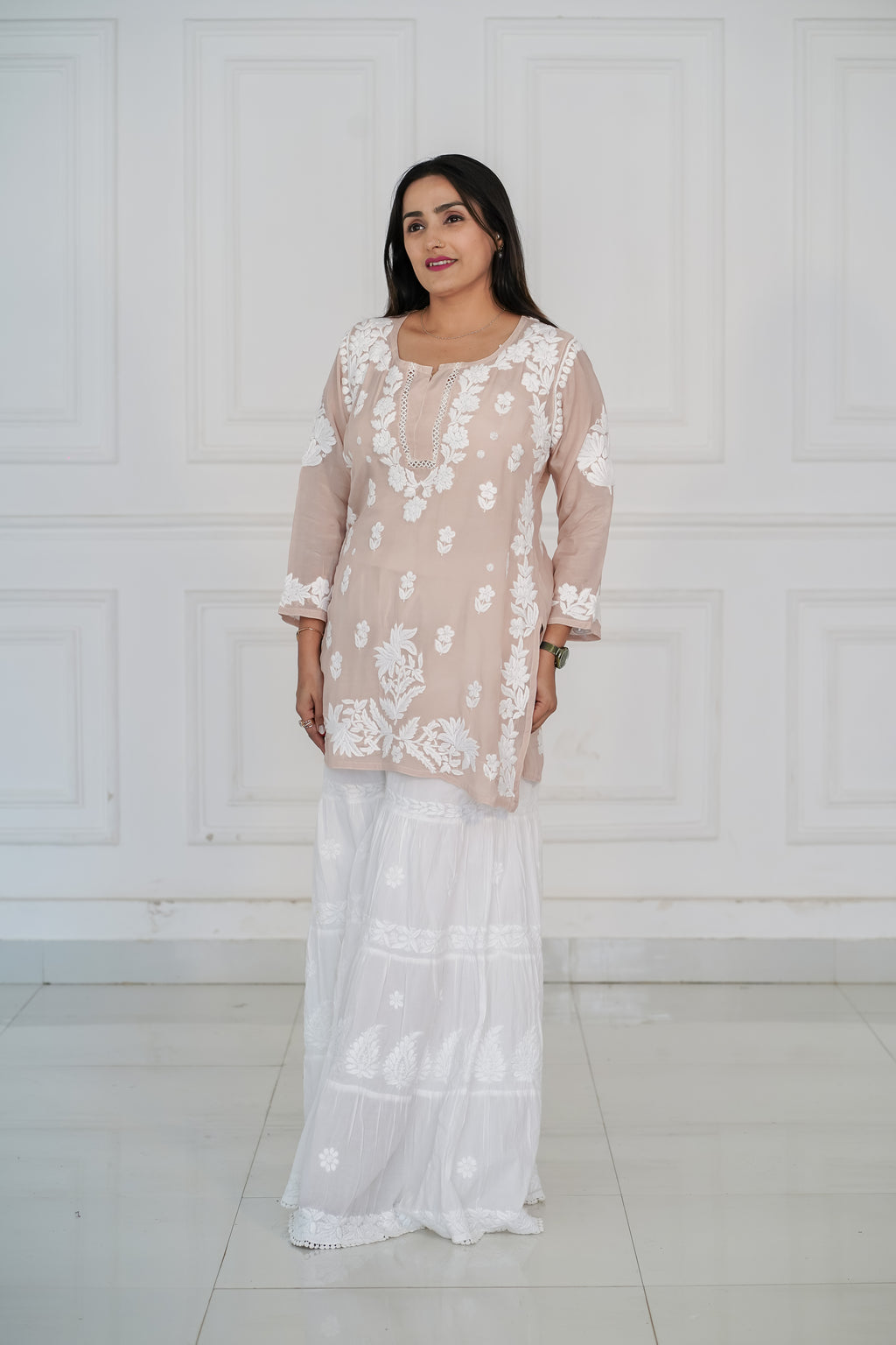 Beige Muslin Short Kurti with 3D Chikankari