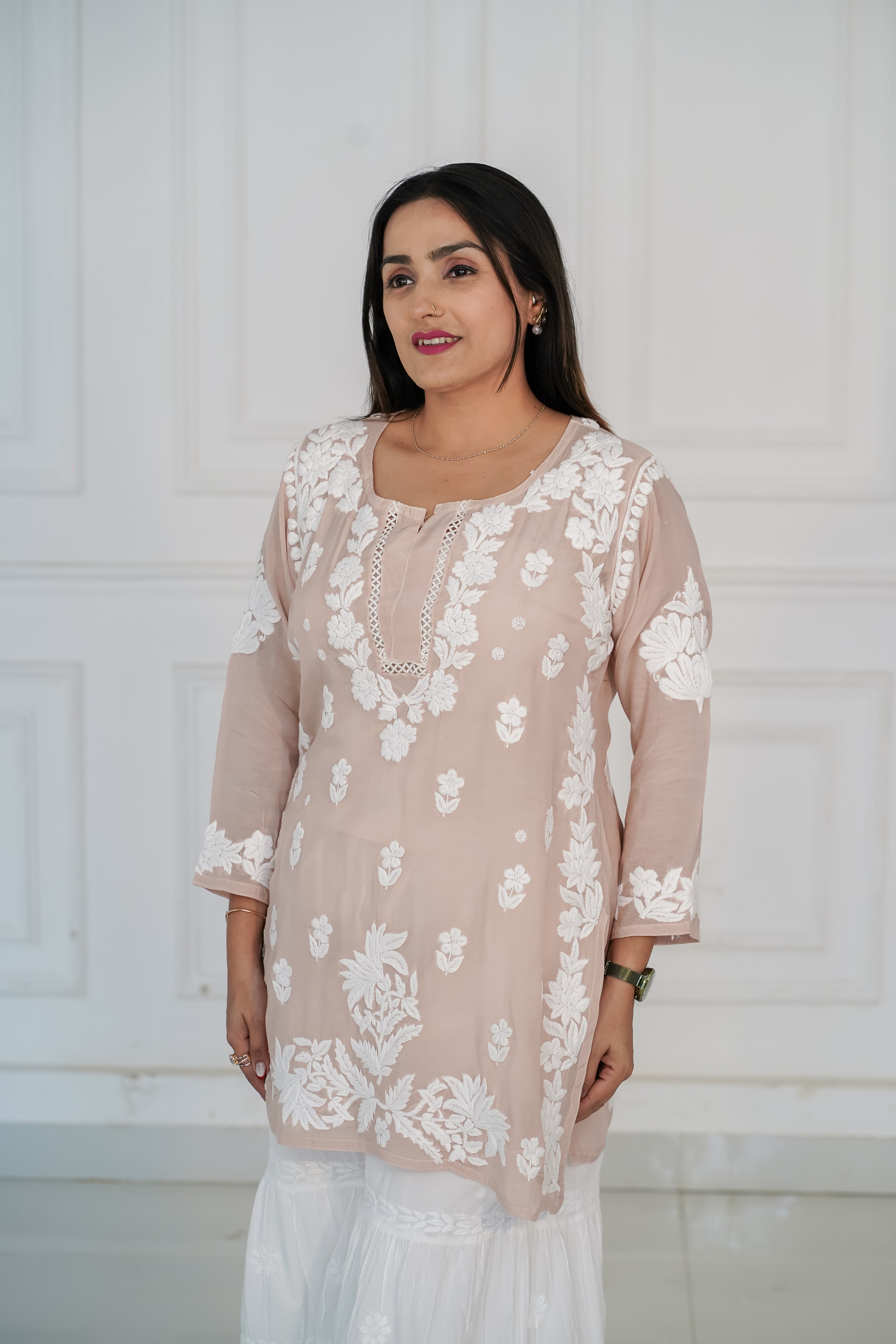 Beige Muslin Short Kurti with 3D Chikankari