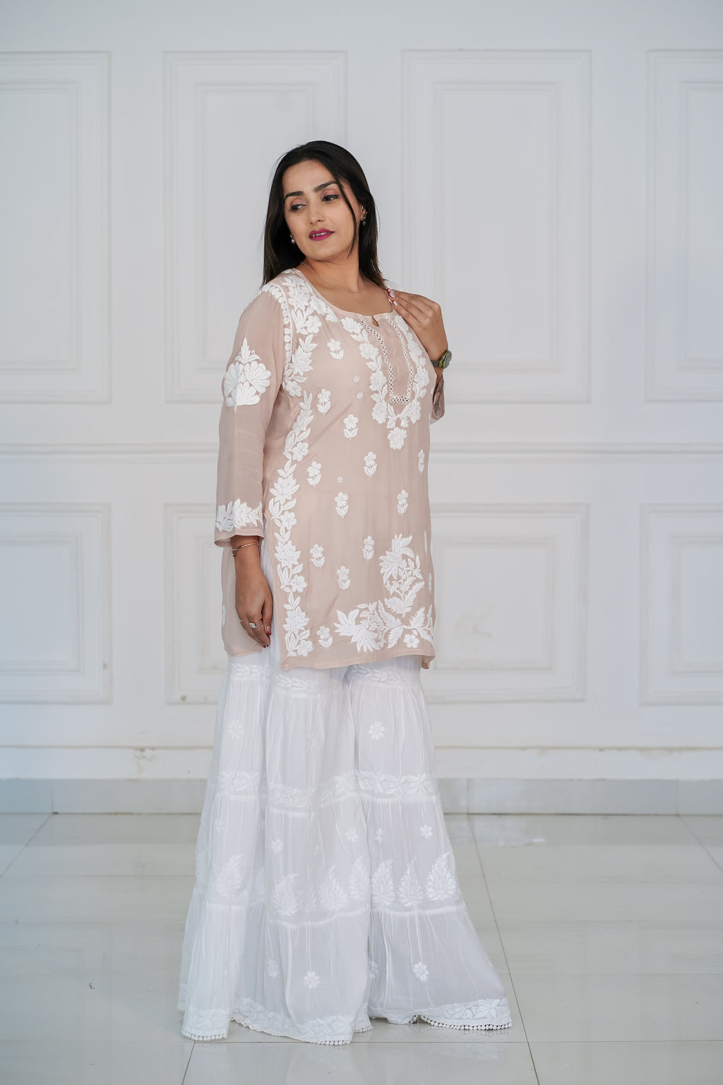 Beige Muslin Short Kurti with 3D Chikankari