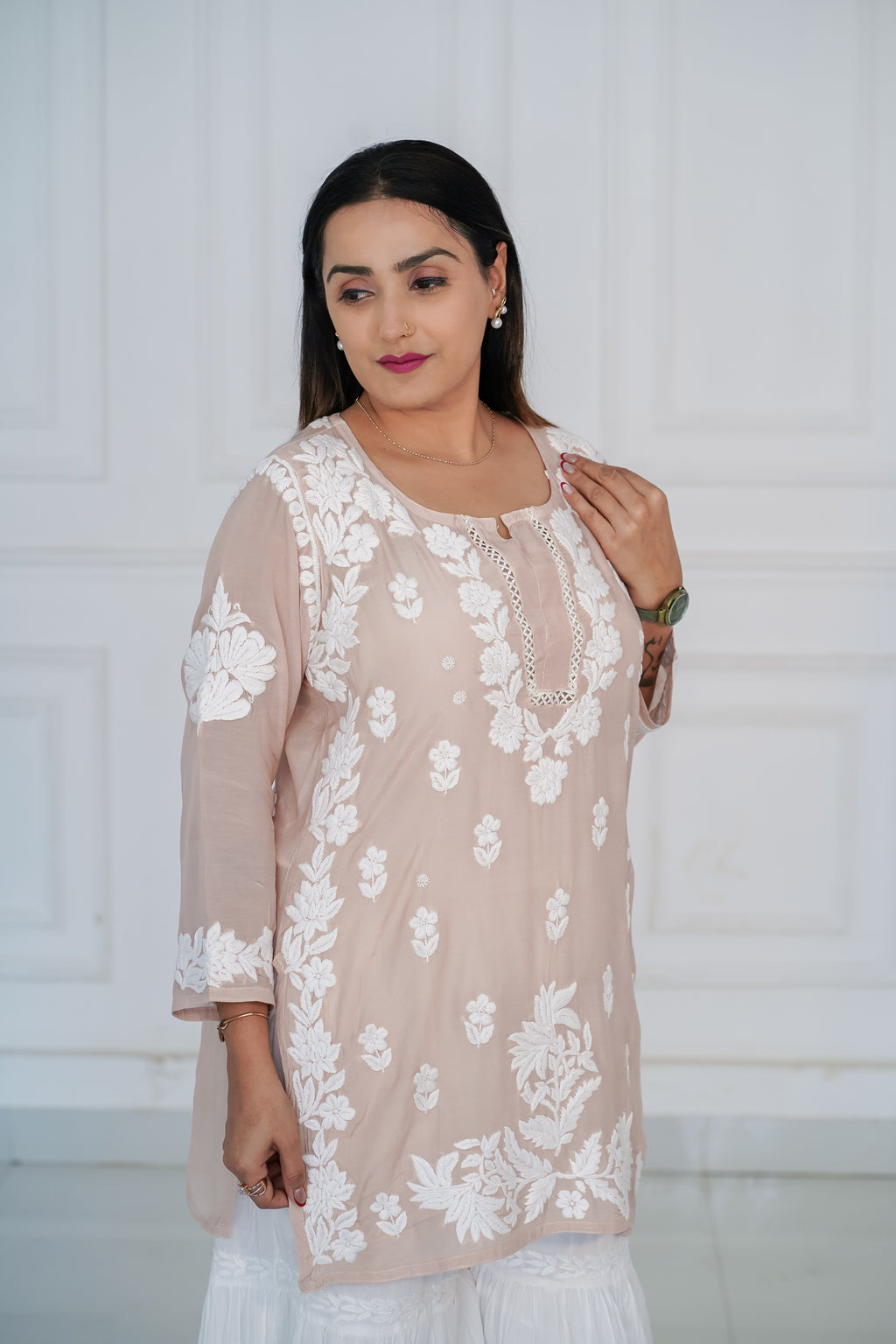 Beige Muslin Short Kurti with 3D Chikankari