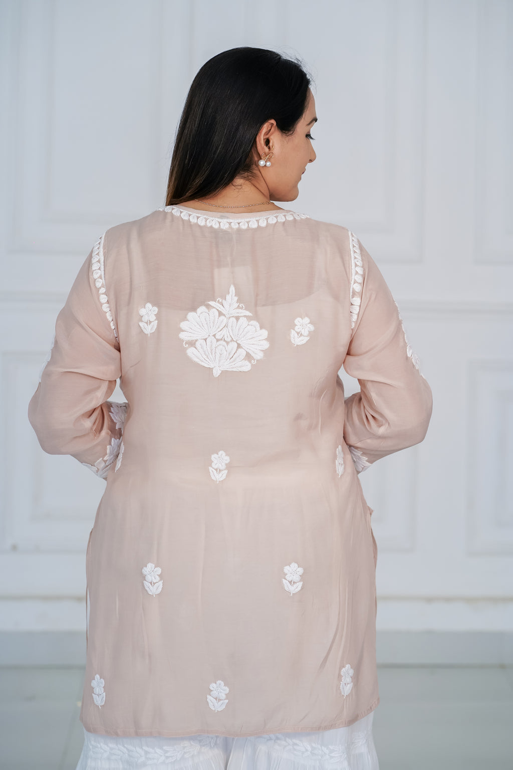 Beige Muslin Short Kurti with 3D Chikankari