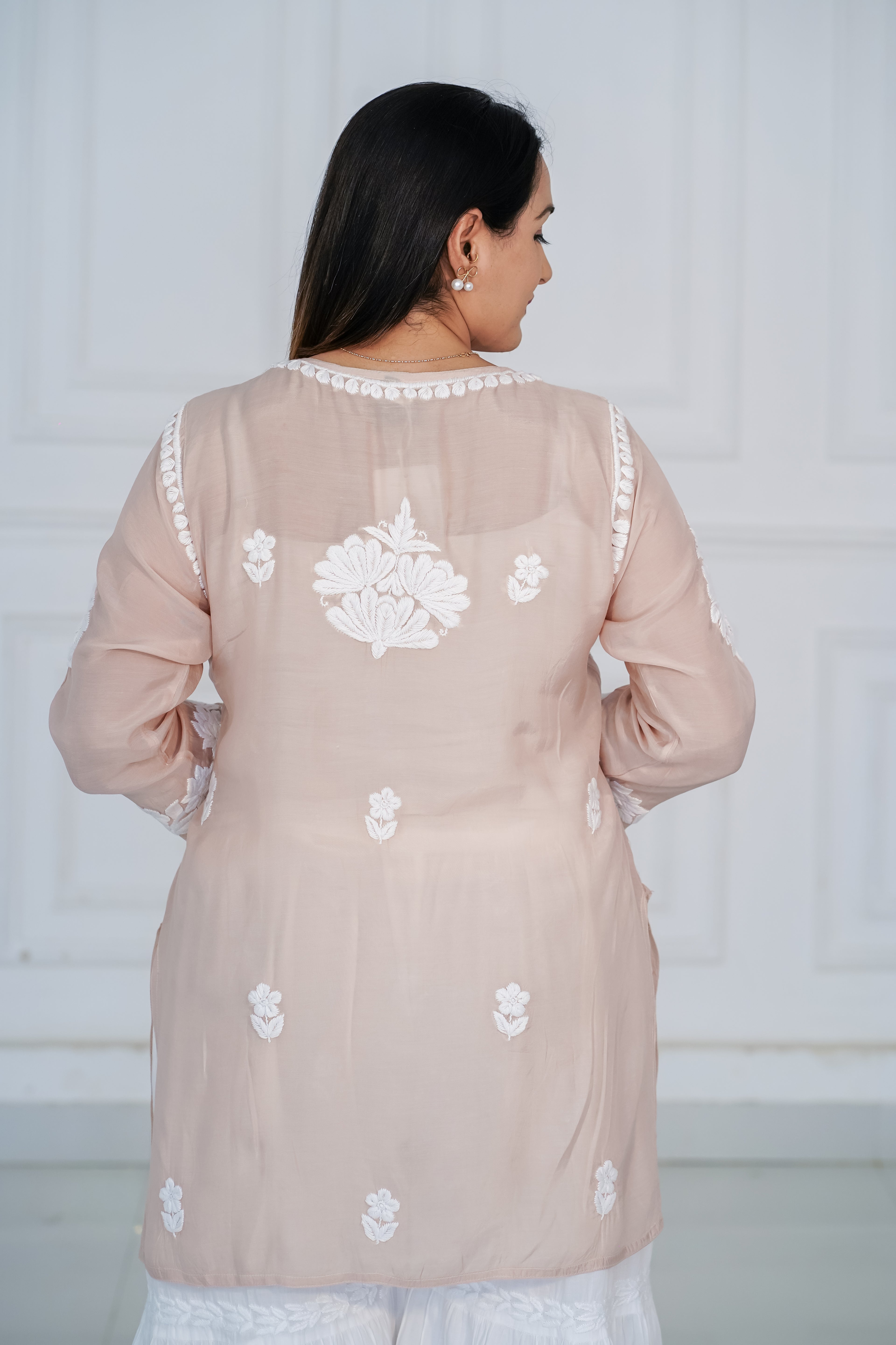 Beige Muslin Short Kurti with 3D Chikankari