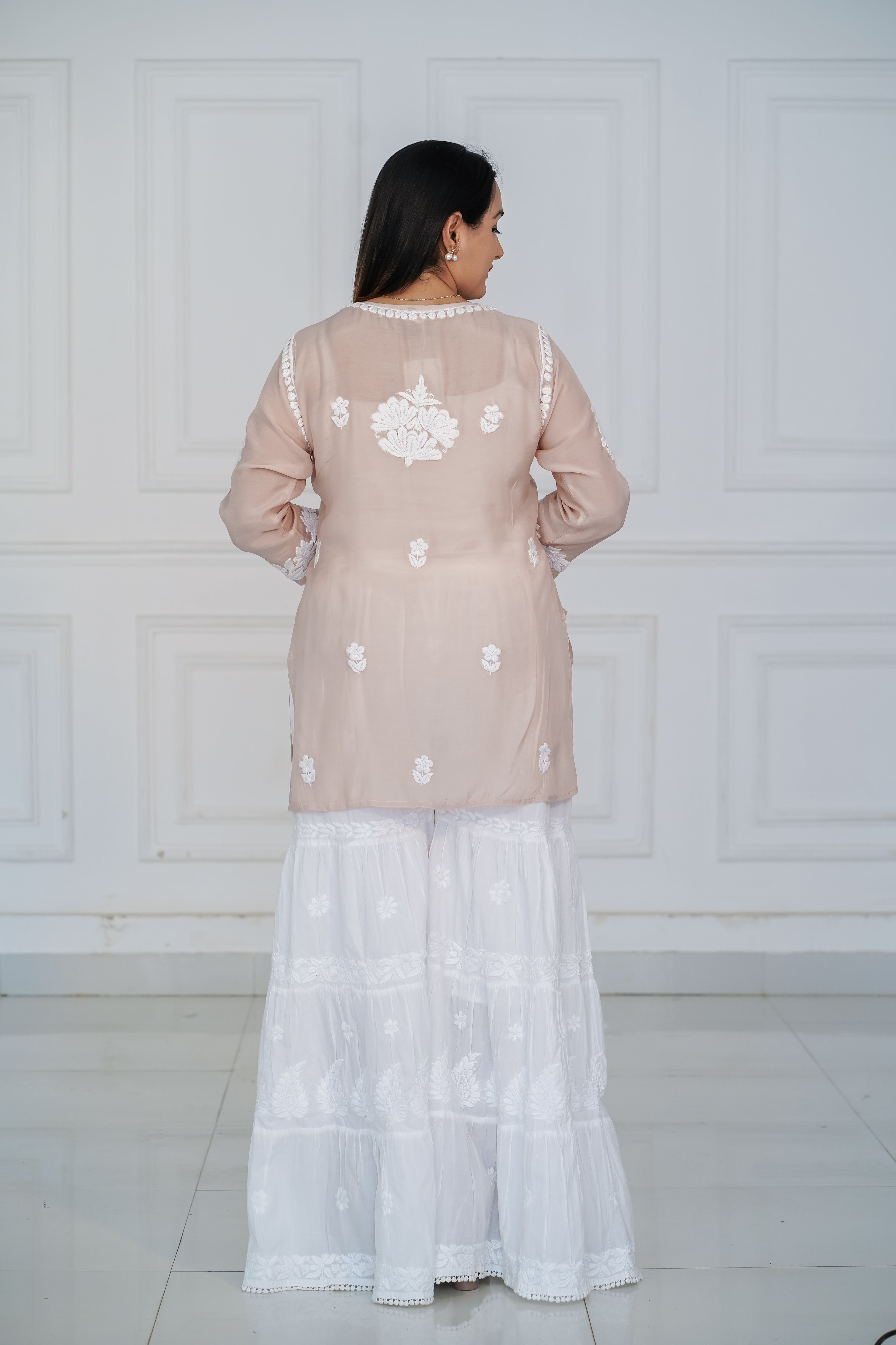 Beige Muslin Short Kurti with 3D Chikankari