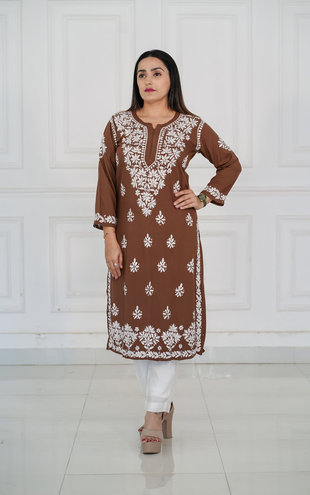 Brown and Maroon colour Rayon Traditional Chikankari design kurti