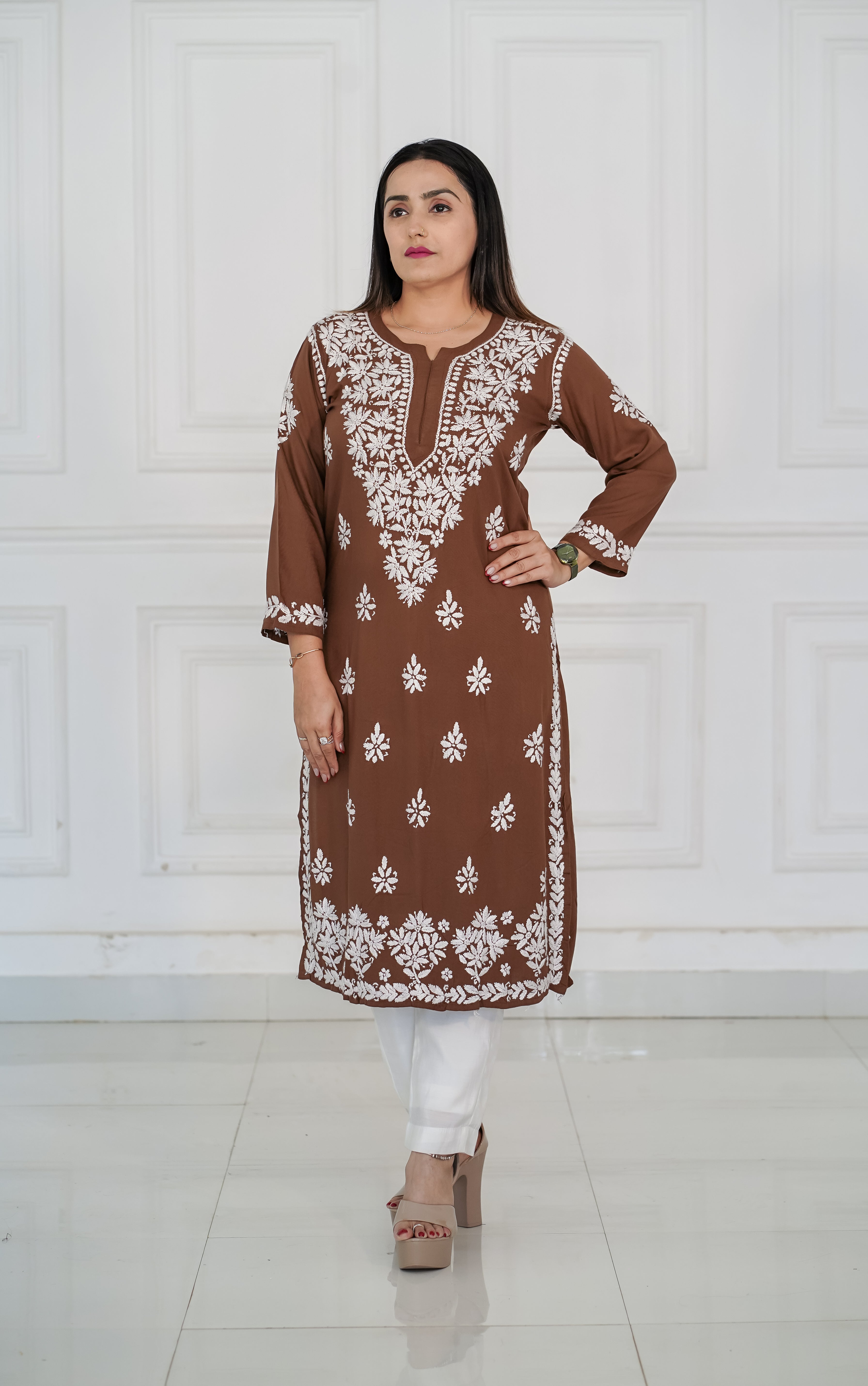Brown and Maroon colour Rayon Traditional Chikankari design kurti