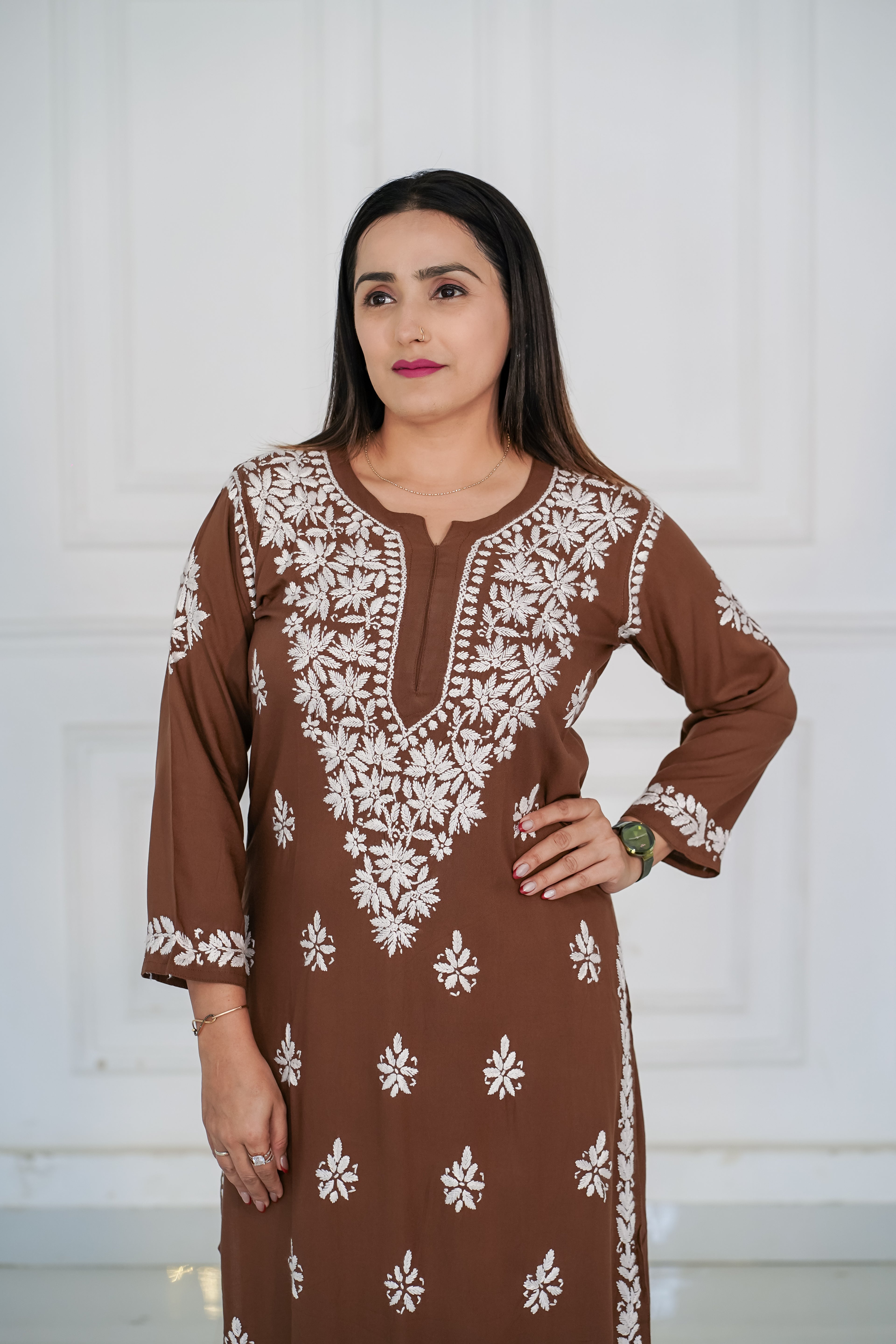 Brown and Maroon colour Rayon Traditional Chikankari design kurti