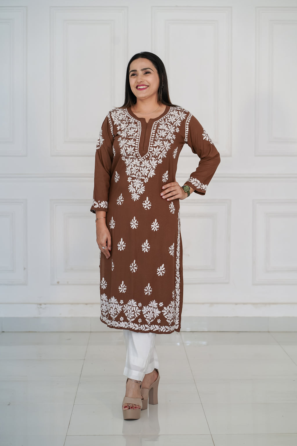 Brown and Maroon colour Rayon Traditional Chikankari design kurti