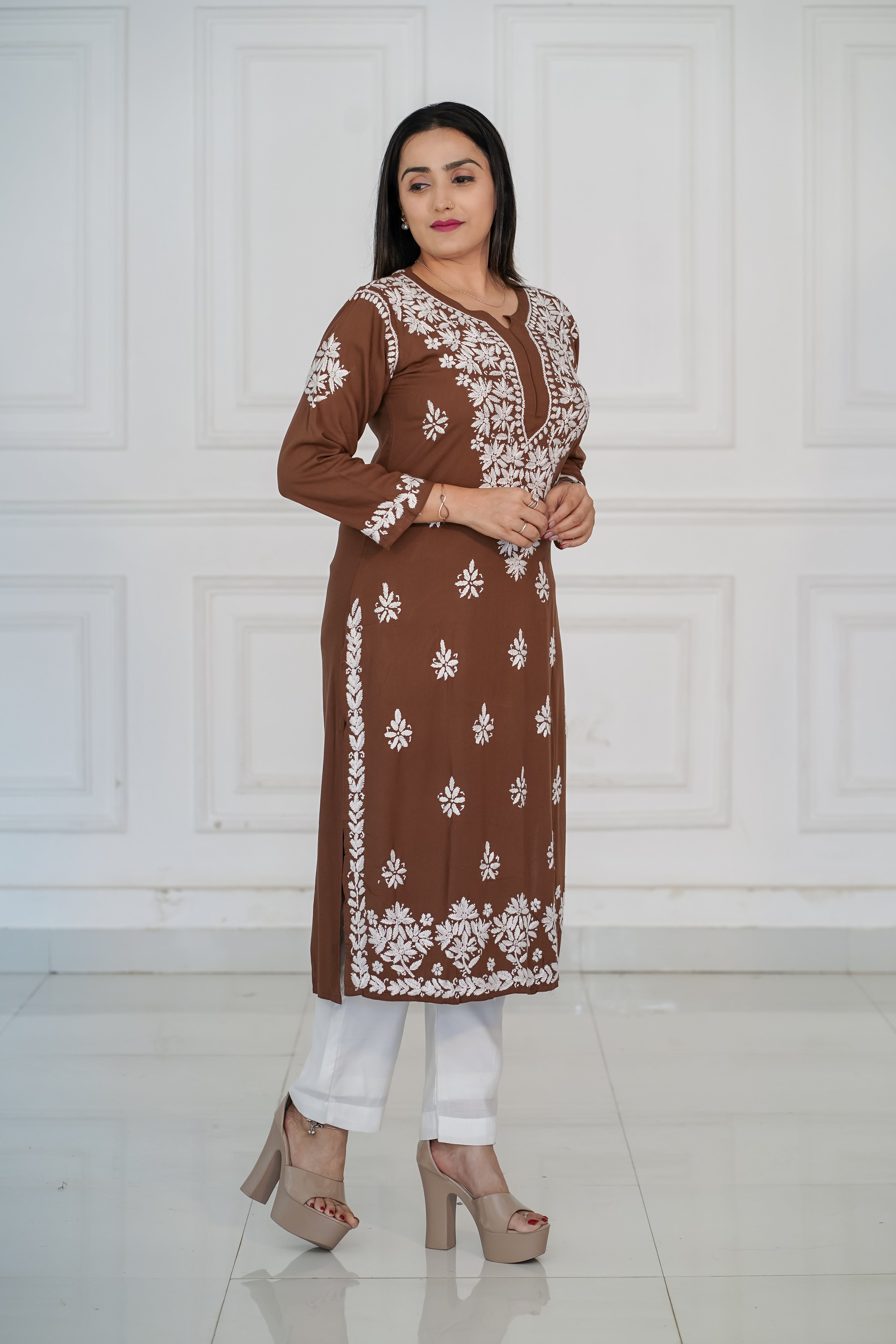 Brown and Maroon colour Rayon Traditional Chikankari design kurti