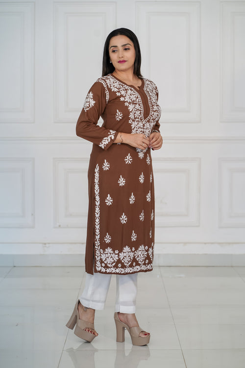 Brown and Maroon colour Rayon Traditional Chikankari design kurti