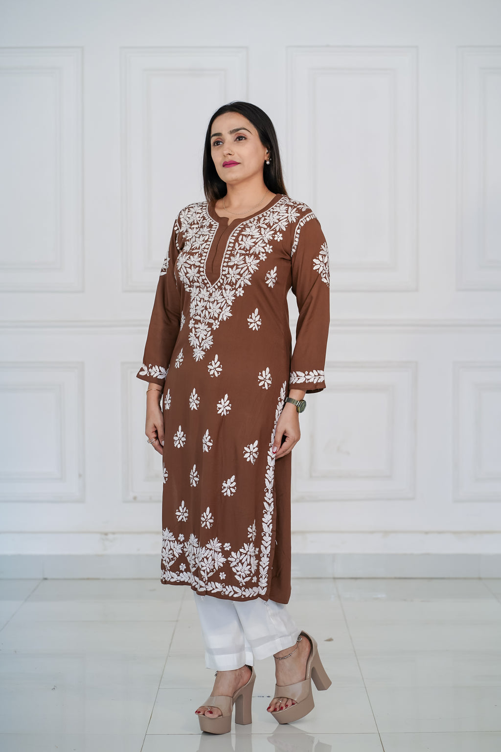 Brown and Maroon colour Rayon Traditional Chikankari design kurti
