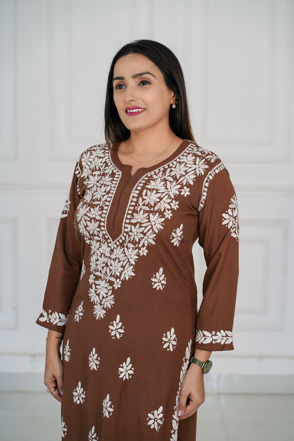 Brown and Maroon colour Rayon Traditional Chikankari design kurti