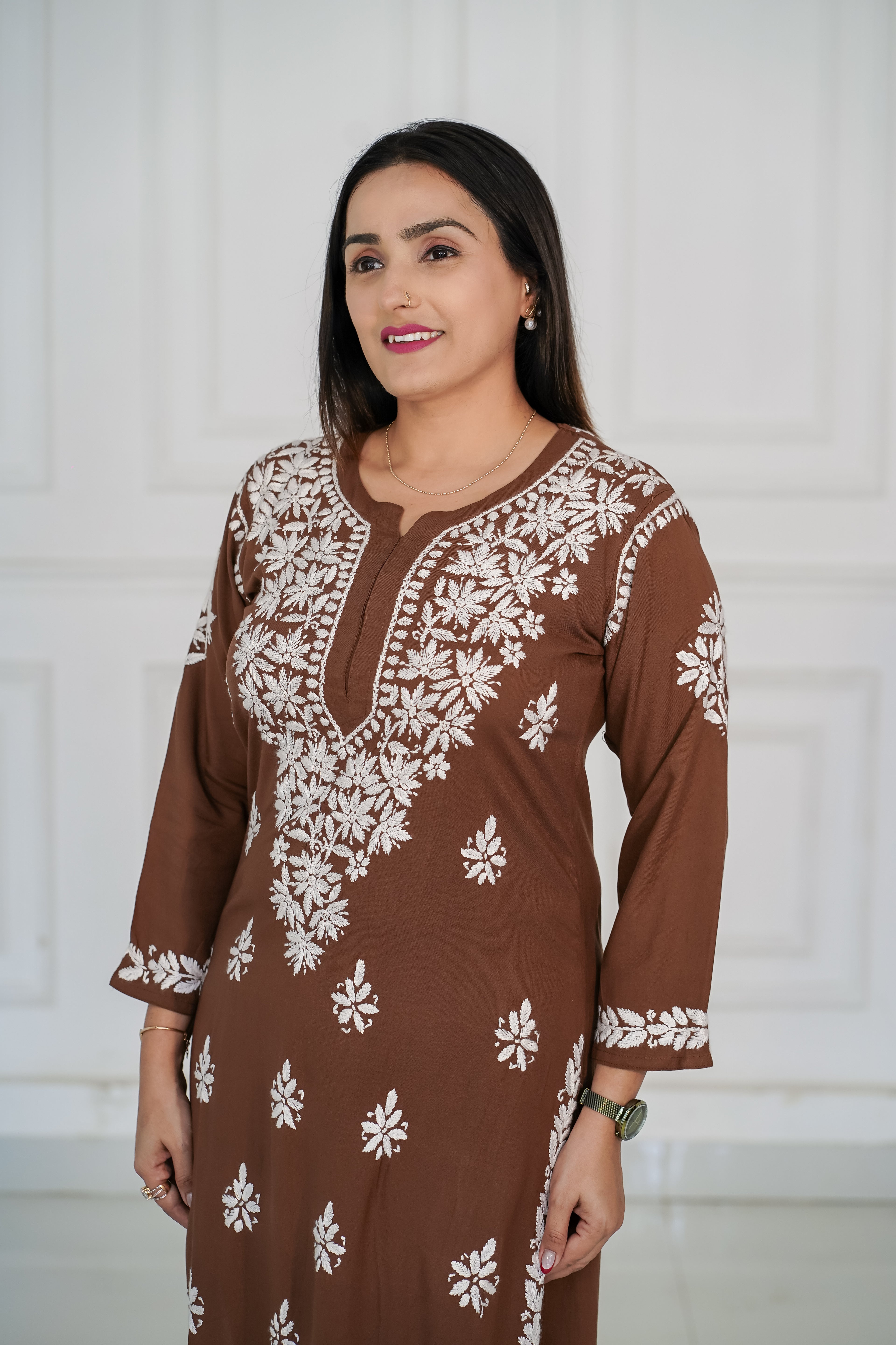 Brown and Maroon colour Rayon Traditional Chikankari design kurti