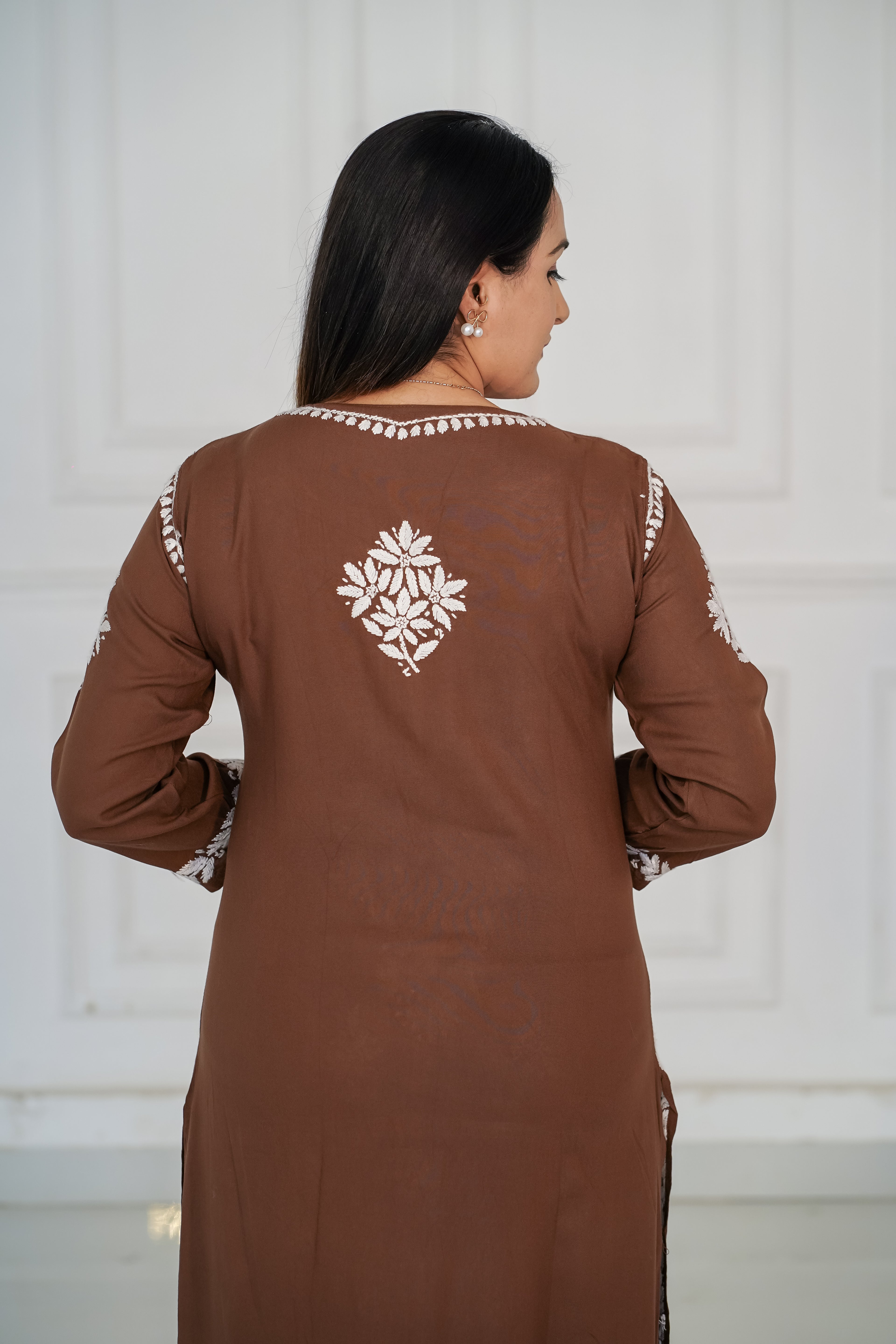 Brown and Maroon colour Rayon Traditional Chikankari design kurti