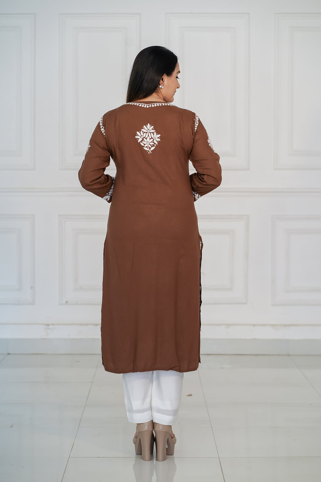 Brown and Maroon colour Rayon Traditional Chikankari design kurti