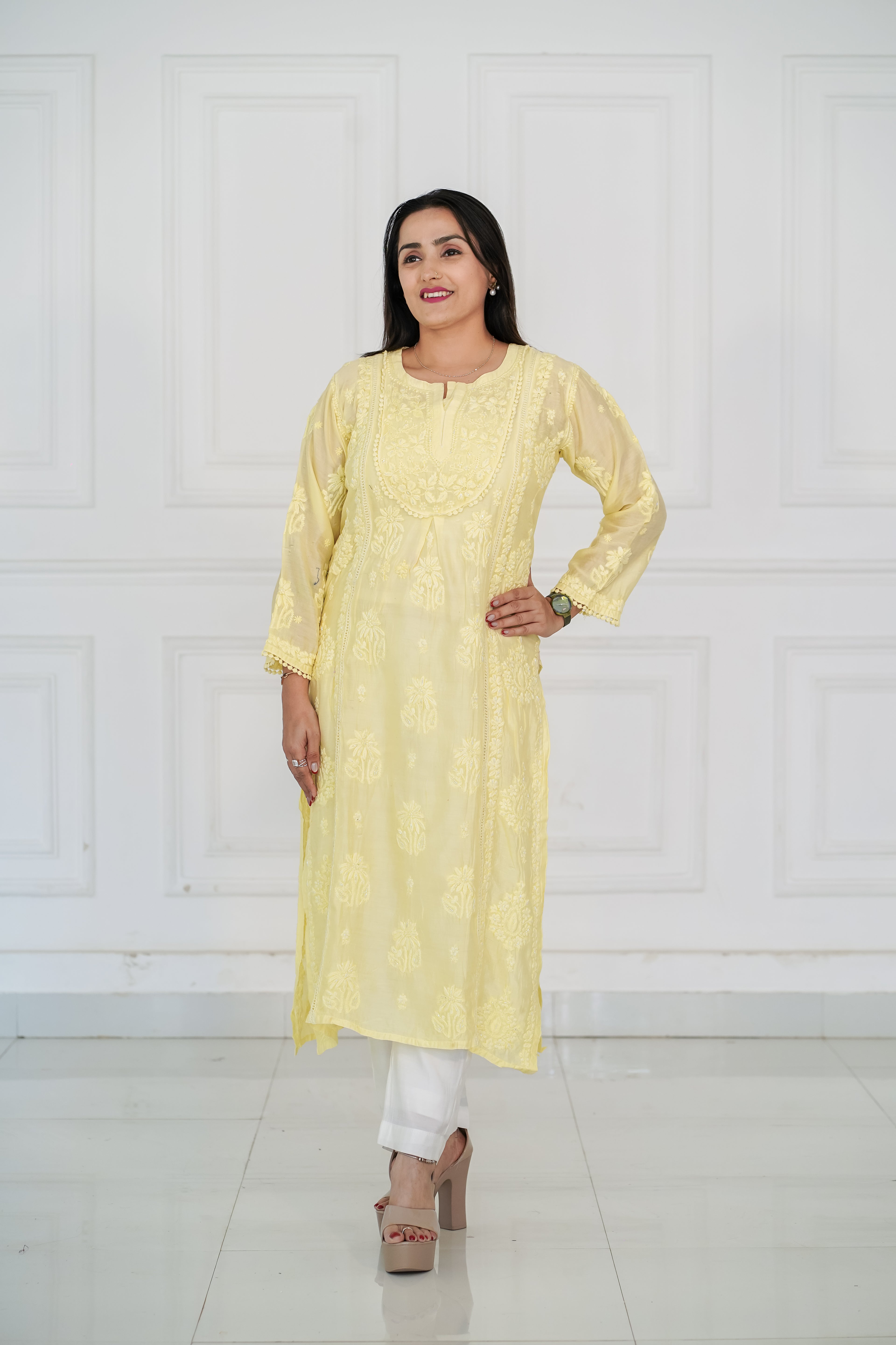 Chanderi with Handwork Kurti Lemon Yellow Colour