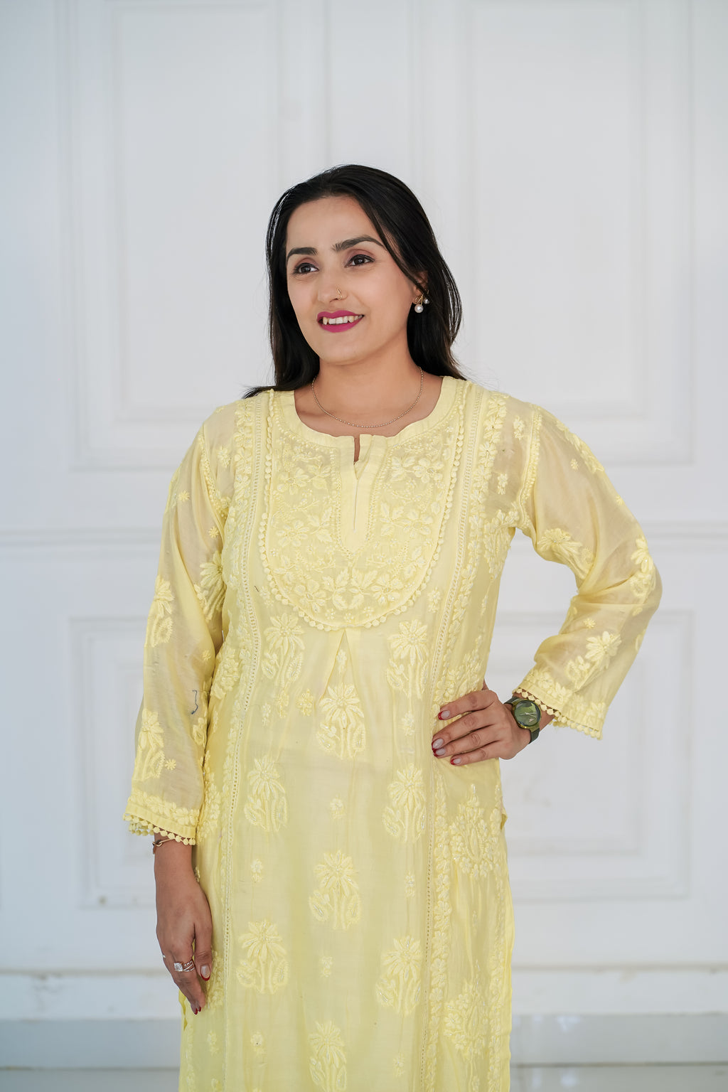 Chanderi with Handwork Kurti Lemon Yellow Colour