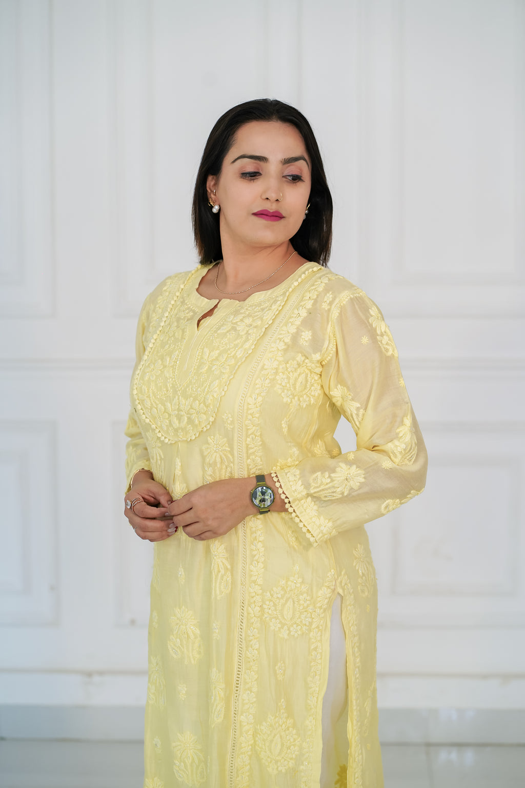 Chanderi with Handwork Kurti Lemon Yellow Colour