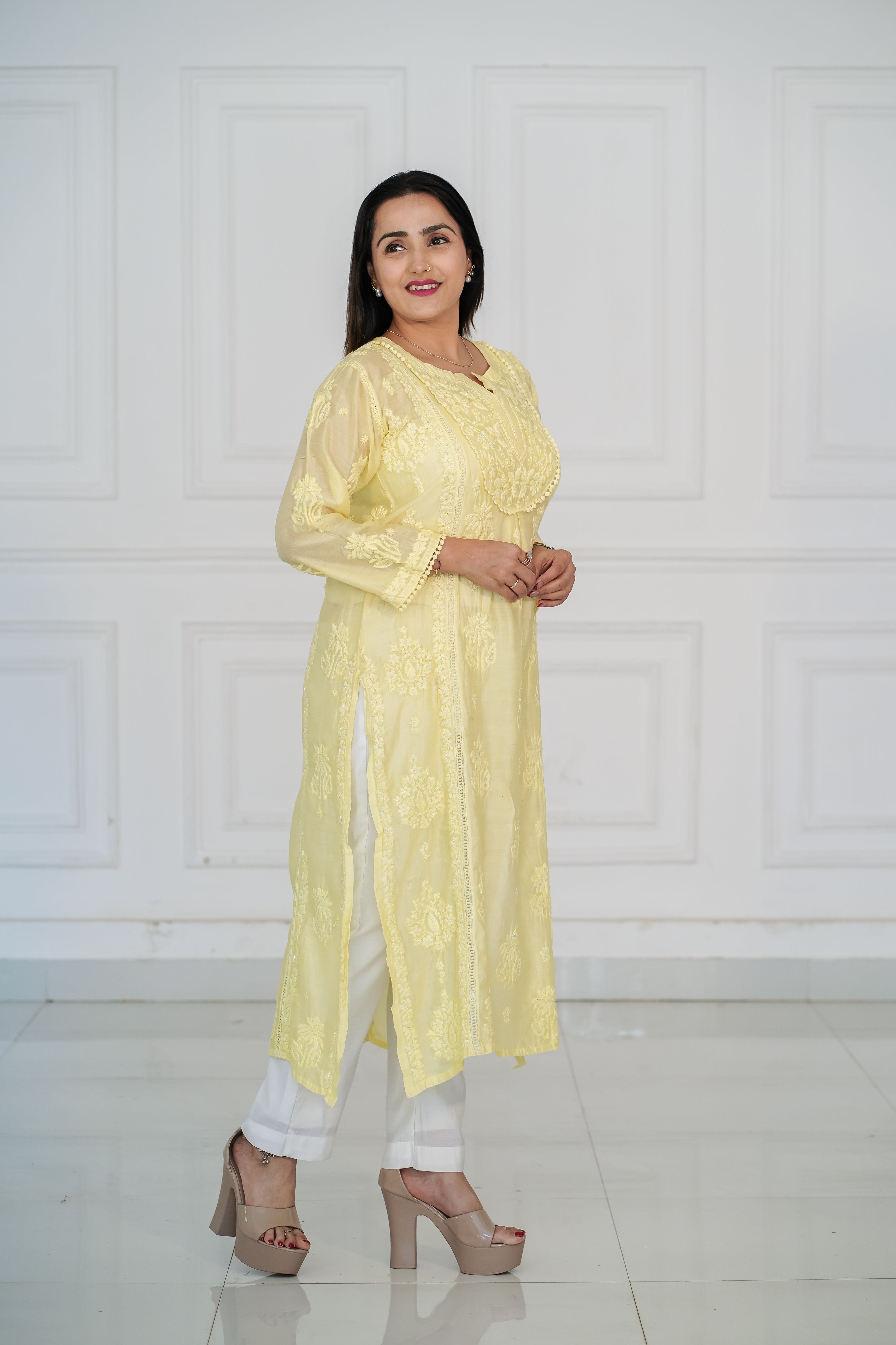 Chanderi with Handwork Kurti Lemon Yellow Colour