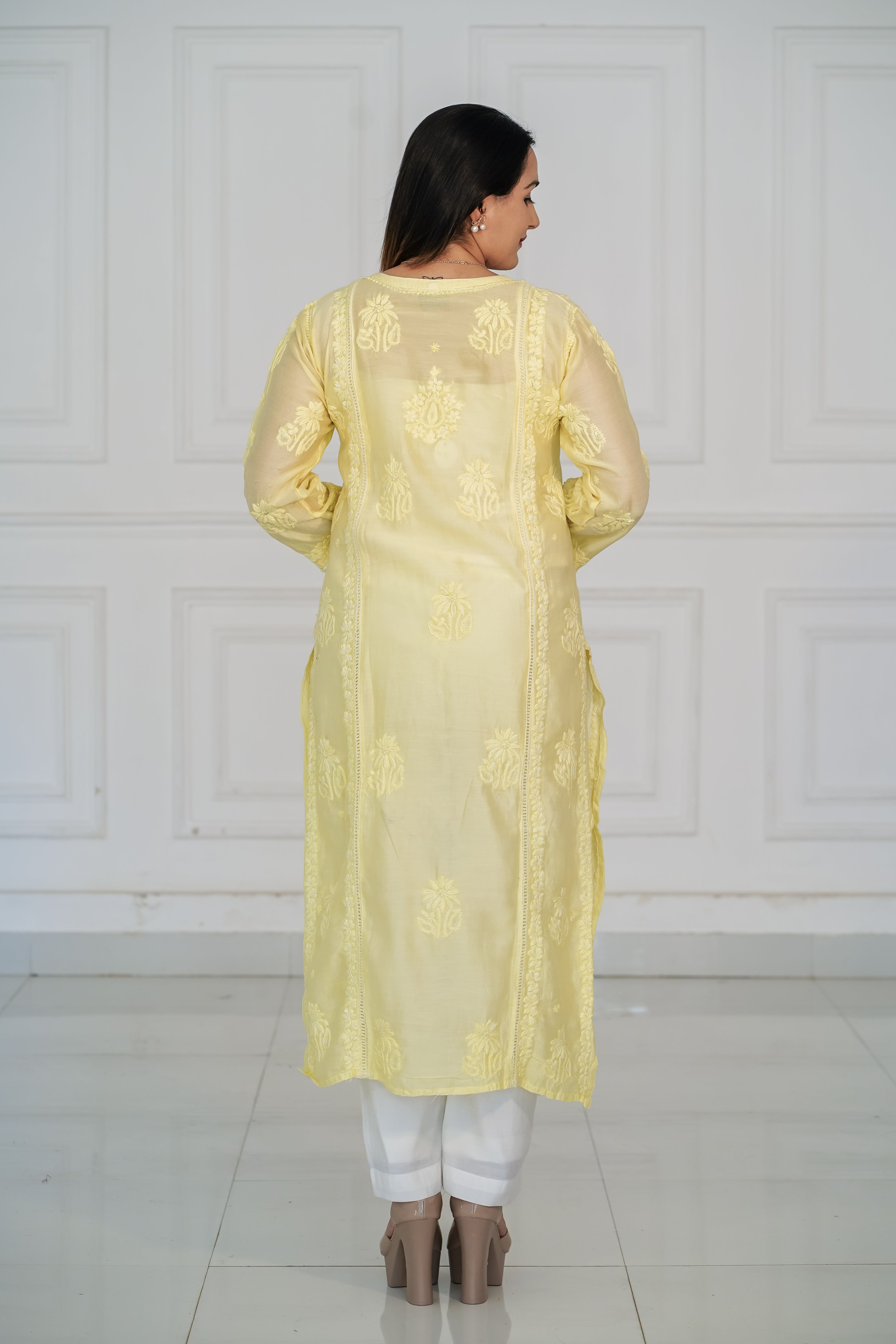 Chanderi with Handwork Kurti Lemon Yellow Colour