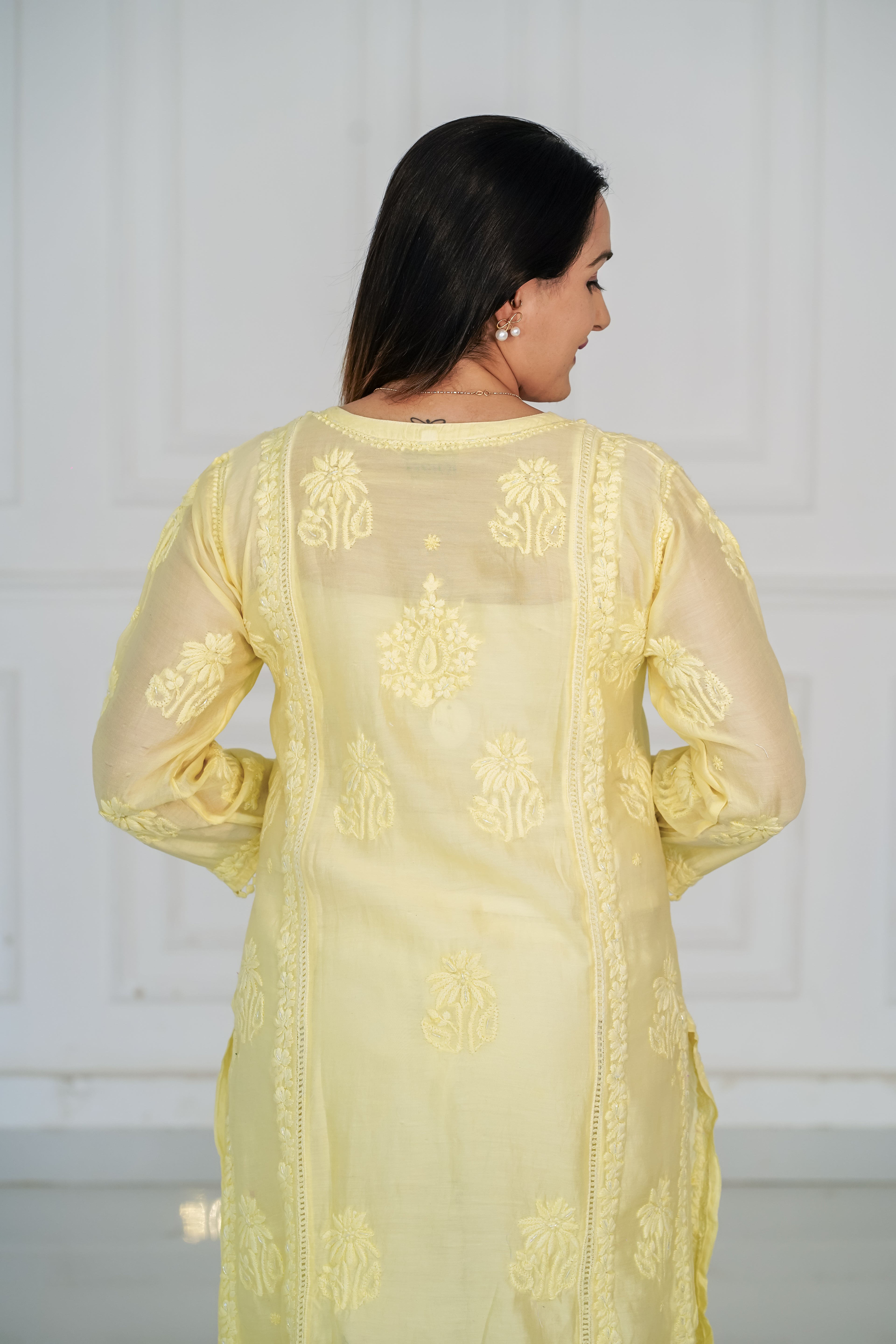 Chanderi with Handwork Kurti Lemon Yellow Colour