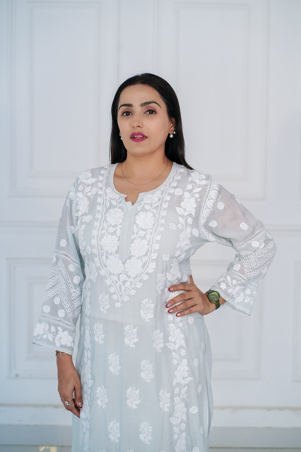 Pastel Grey Pure Muslin Kurti with 3D Chikankari Work