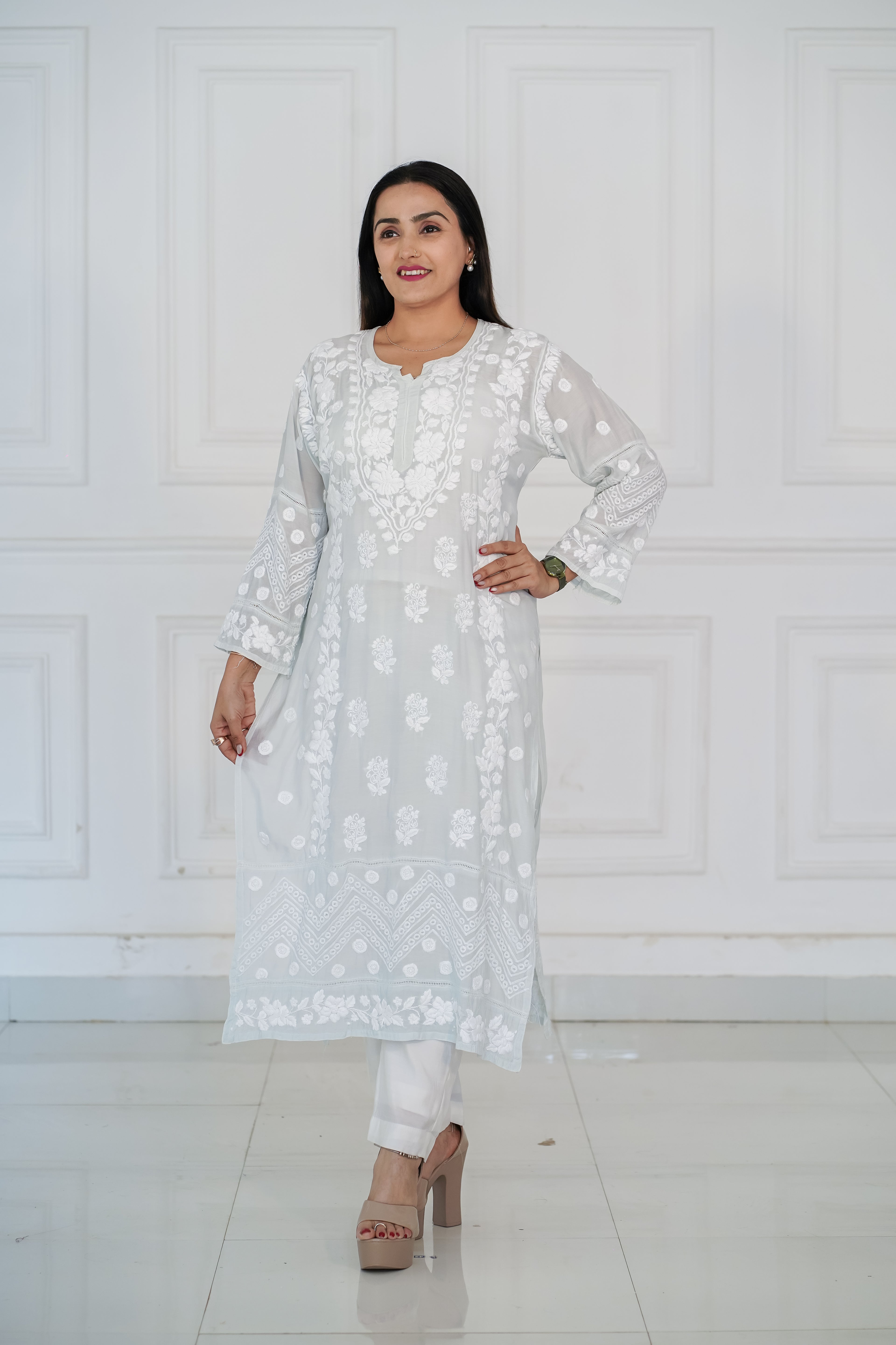 Pastel Grey Pure Muslin Kurti with 3D Chikankari Work