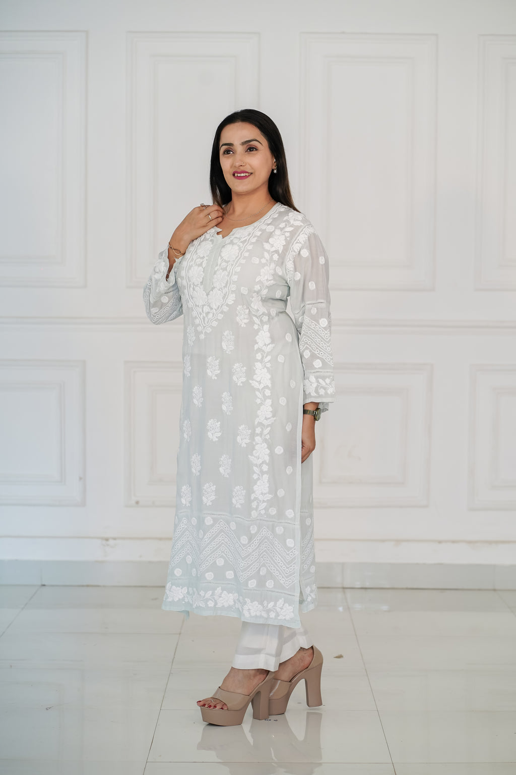 Pastel Grey Pure Muslin Kurti with 3D Chikankari Work