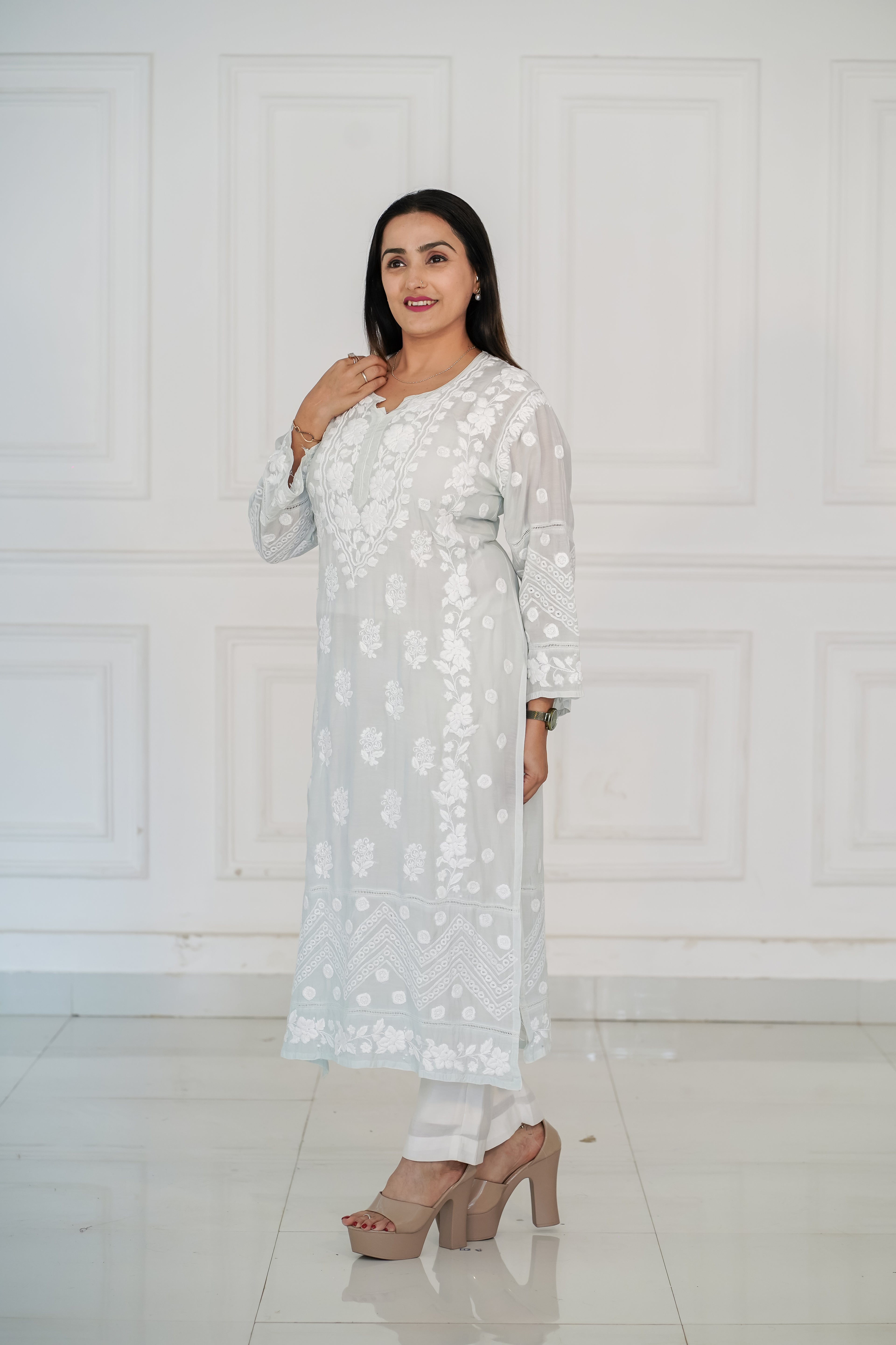 Pastel Grey Pure Muslin Kurti with 3D Chikankari Work