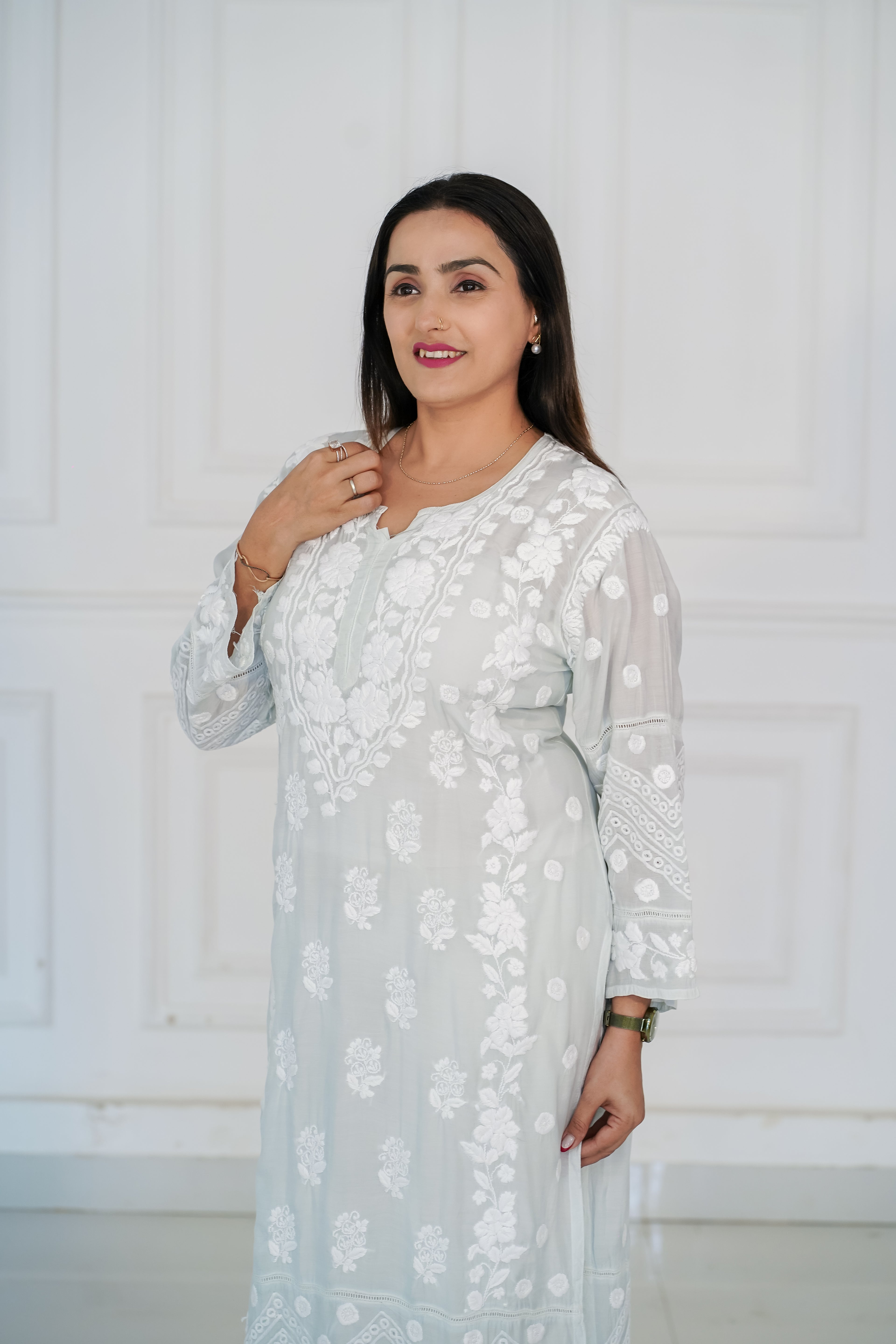 Pastel Grey Pure Muslin Kurti with 3D Chikankari Work