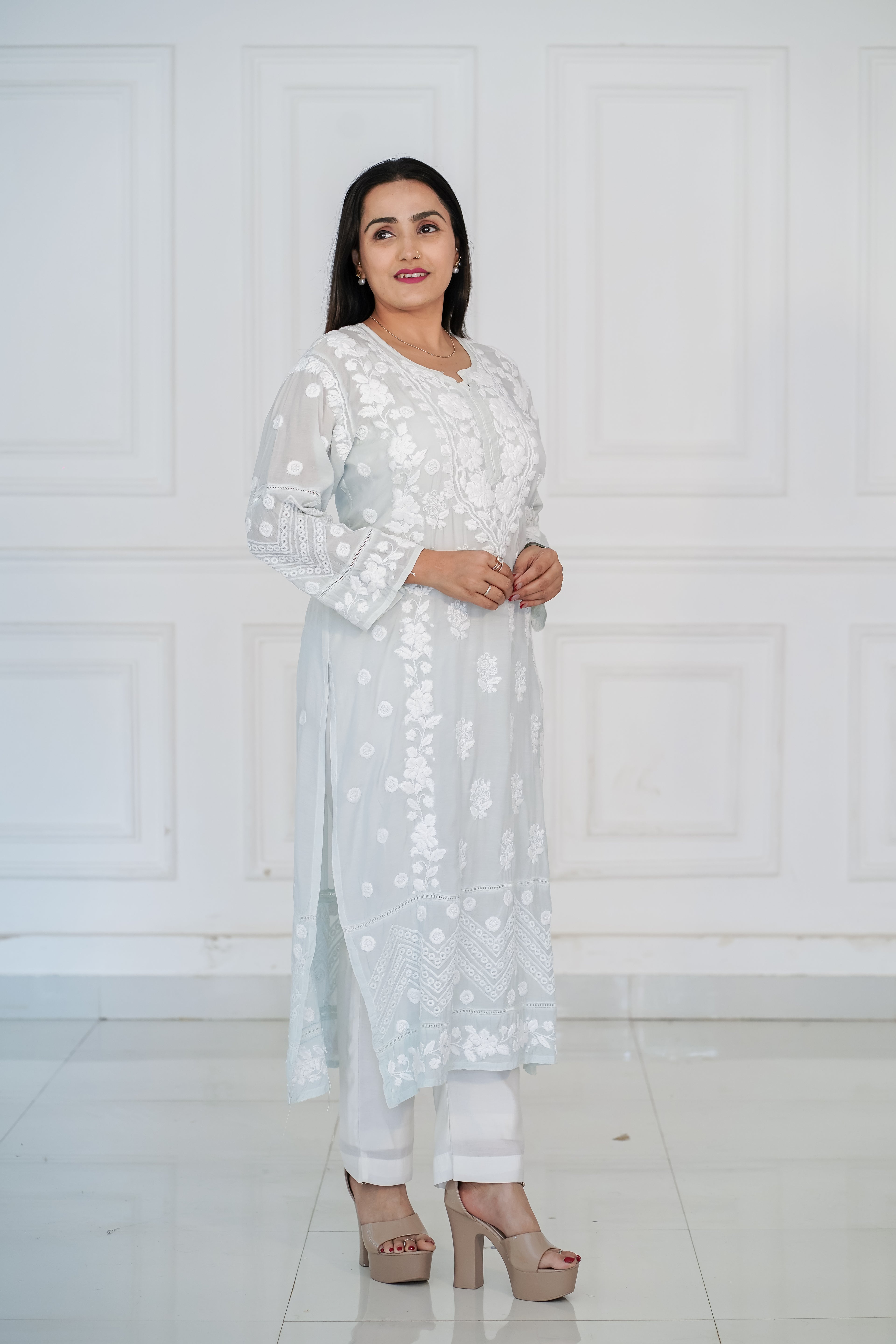 Pastel Grey Pure Muslin Kurti with 3D Chikankari Work