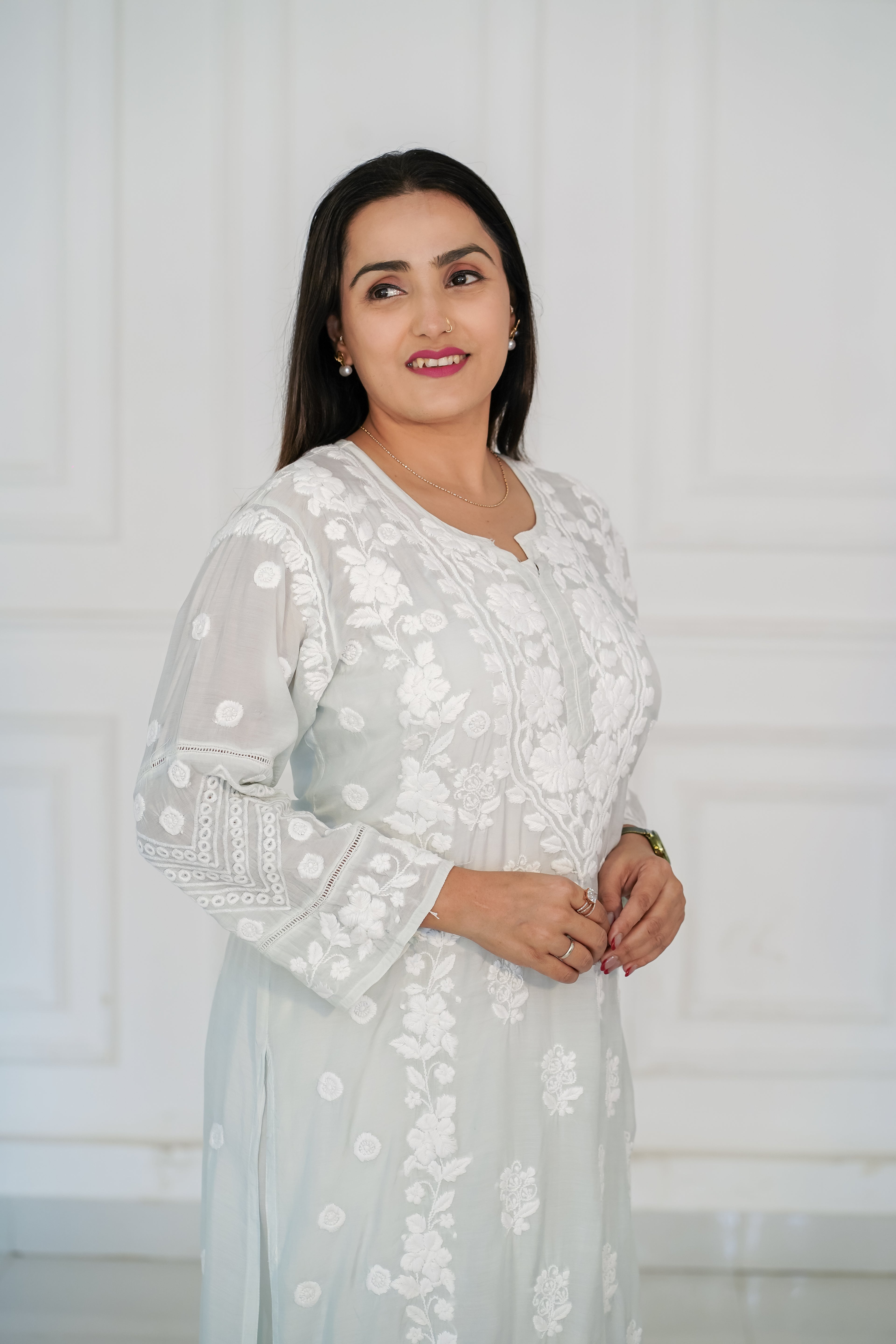 Pastel Grey Pure Muslin Kurti with 3D Chikankari Work