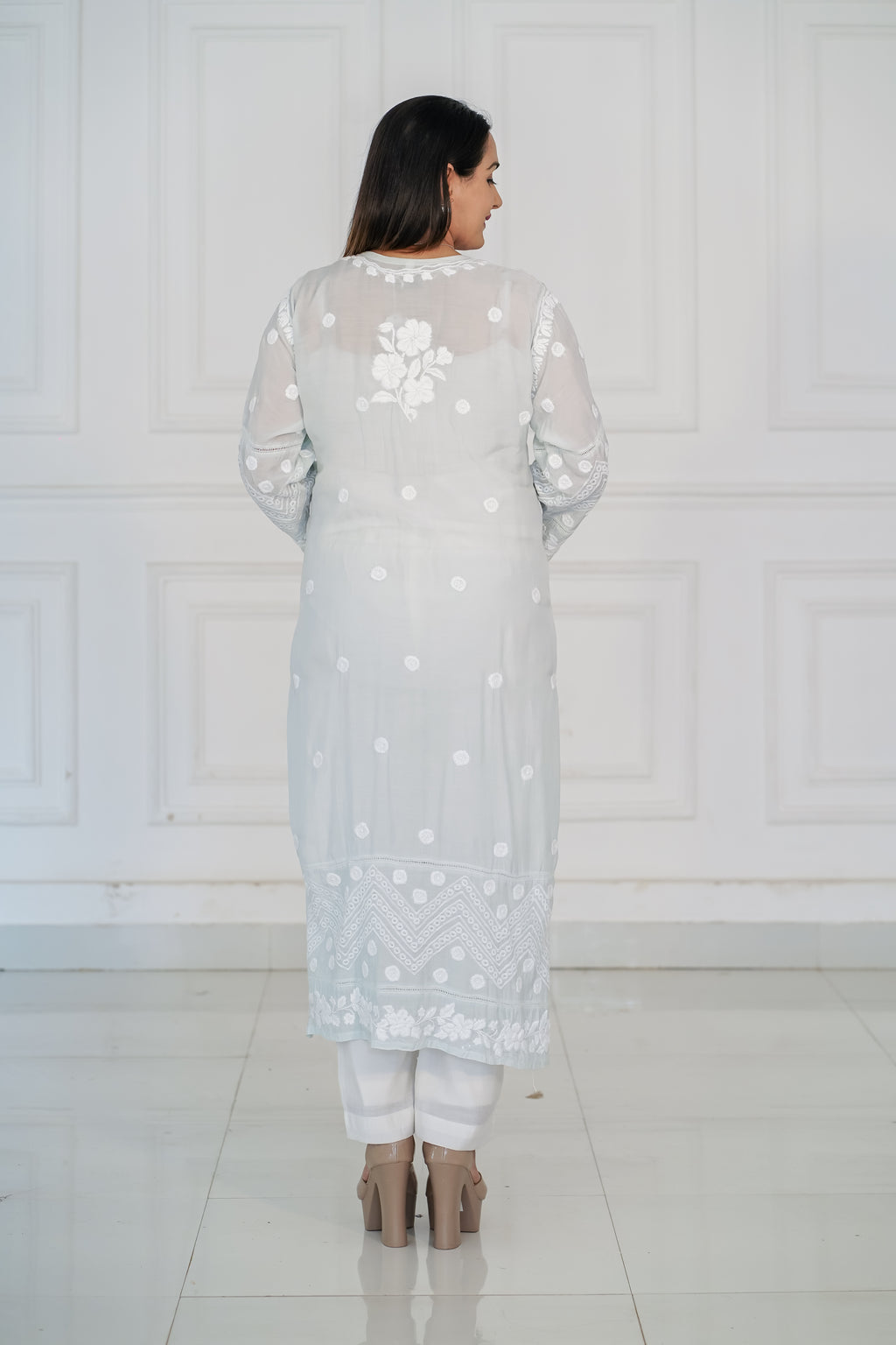 Pastel Grey Pure Muslin Kurti with 3D Chikankari Work