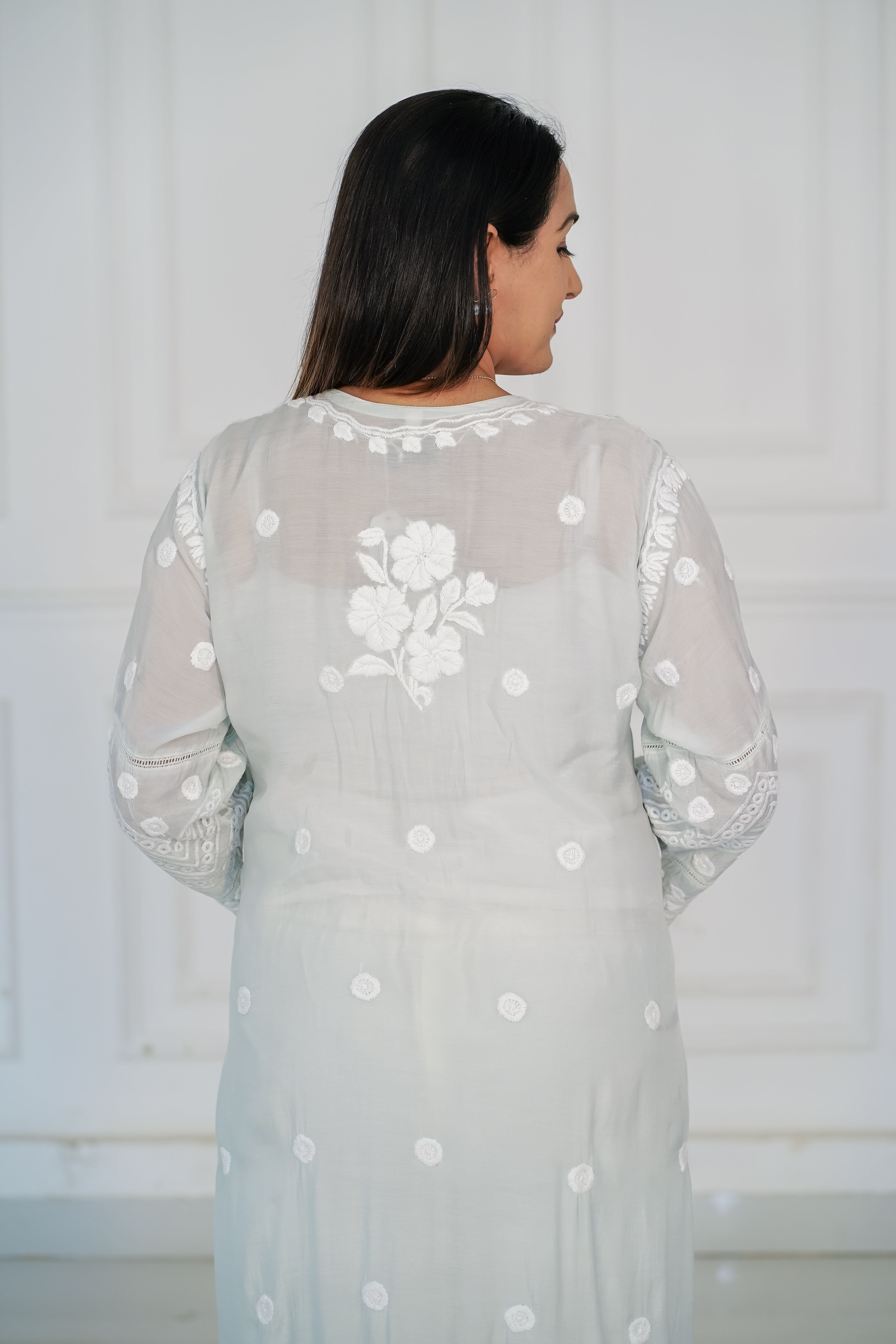 Pastel Grey Pure Muslin Kurti with 3D Chikankari Work