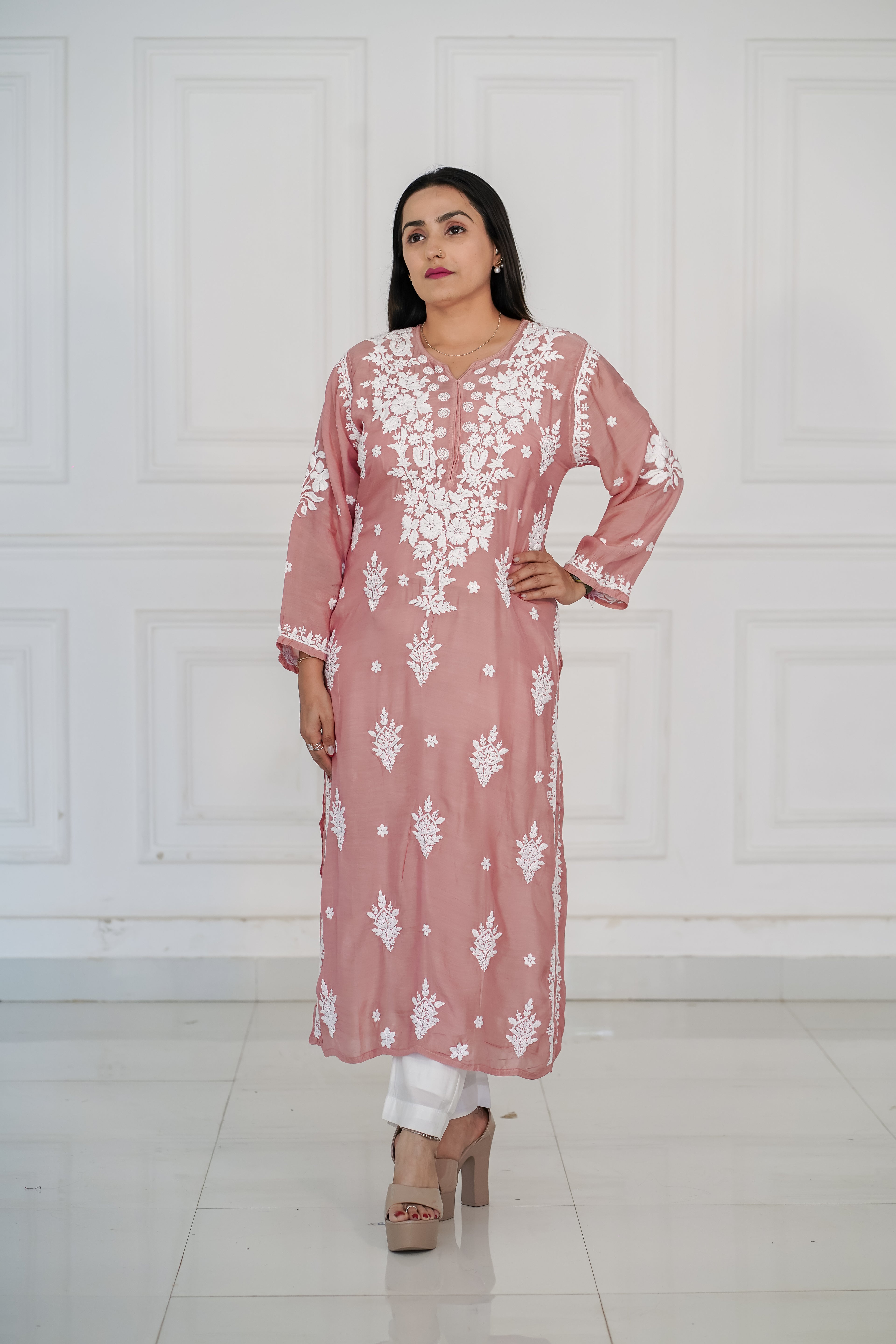 Muslin dusty peach kurti with 3d chikankari