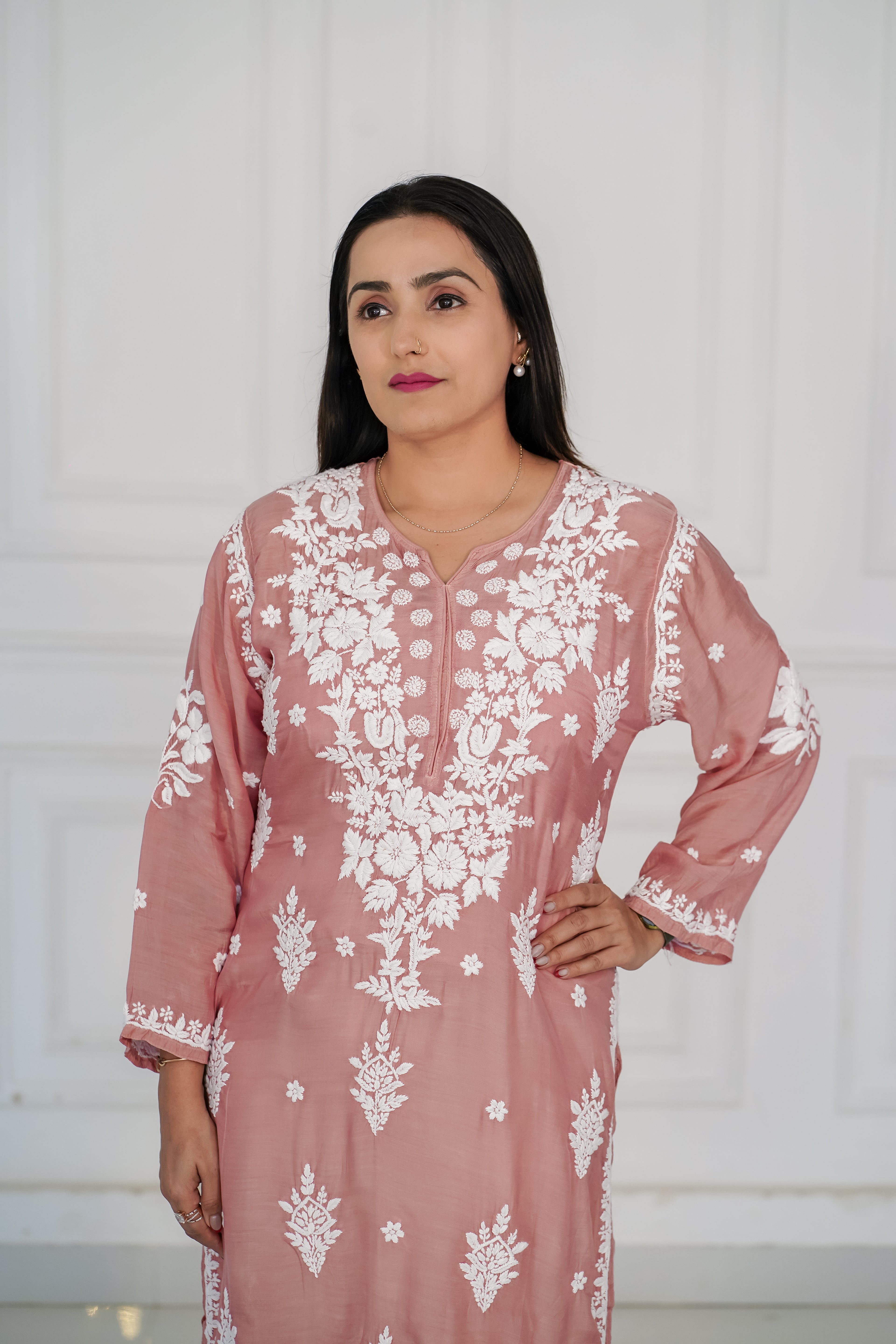 Muslin dusty peach kurti with 3d chikankari