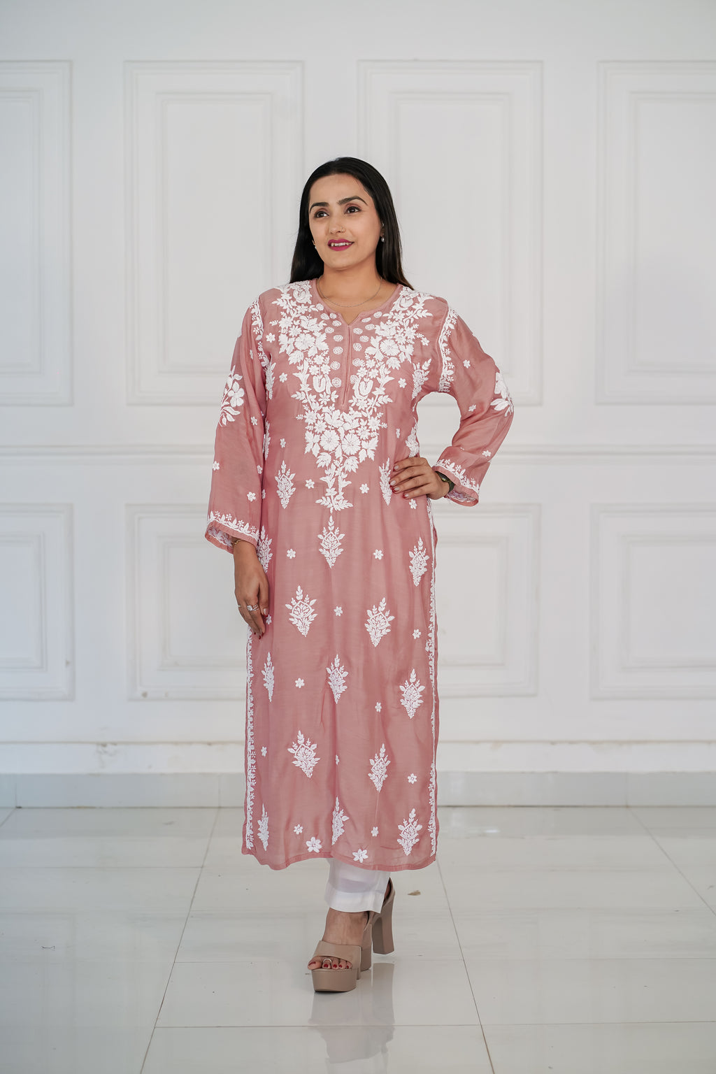 Muslin dusty peach kurti with 3d chikankari