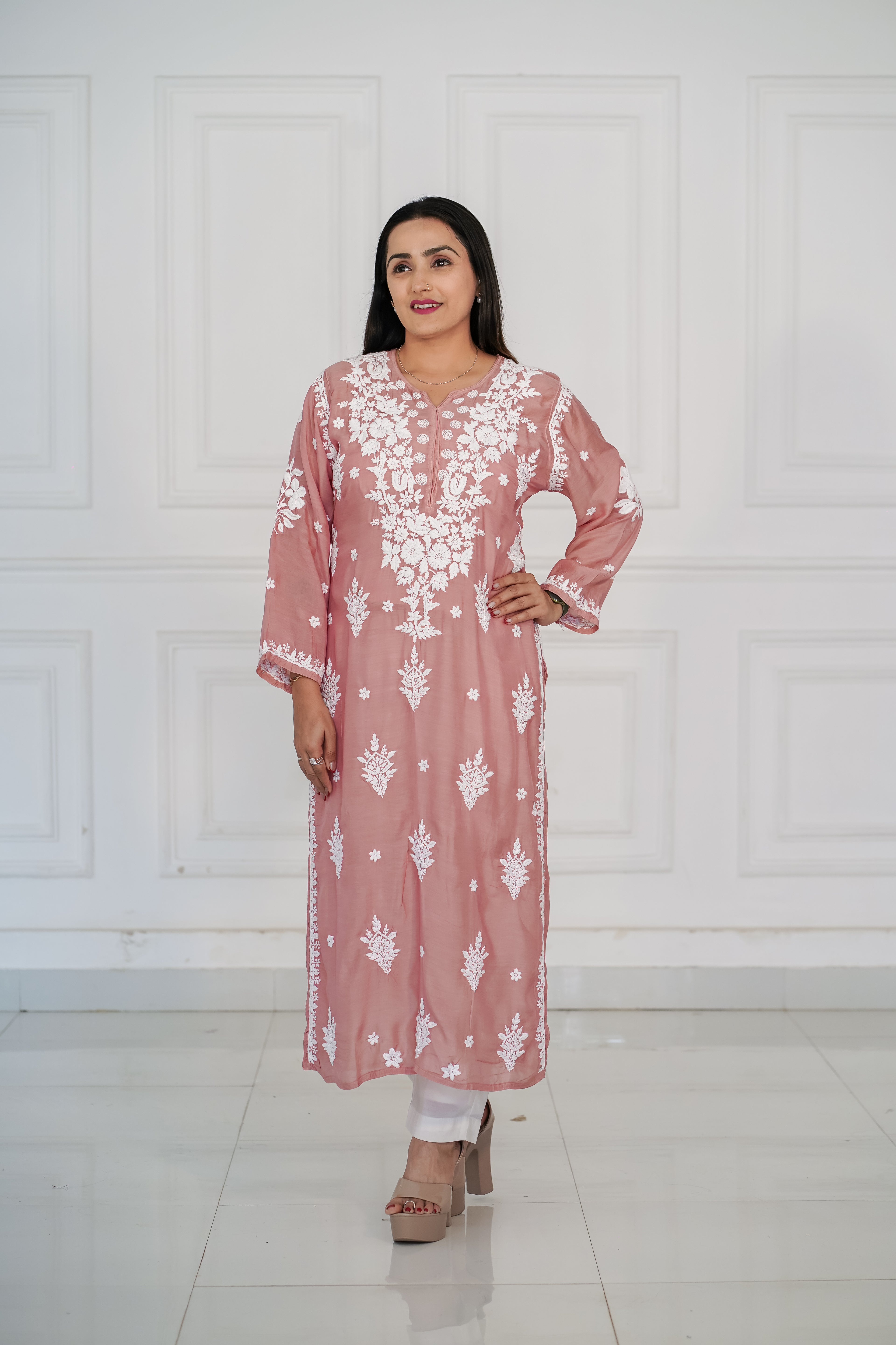 Muslin dusty peach kurti with 3d chikankari