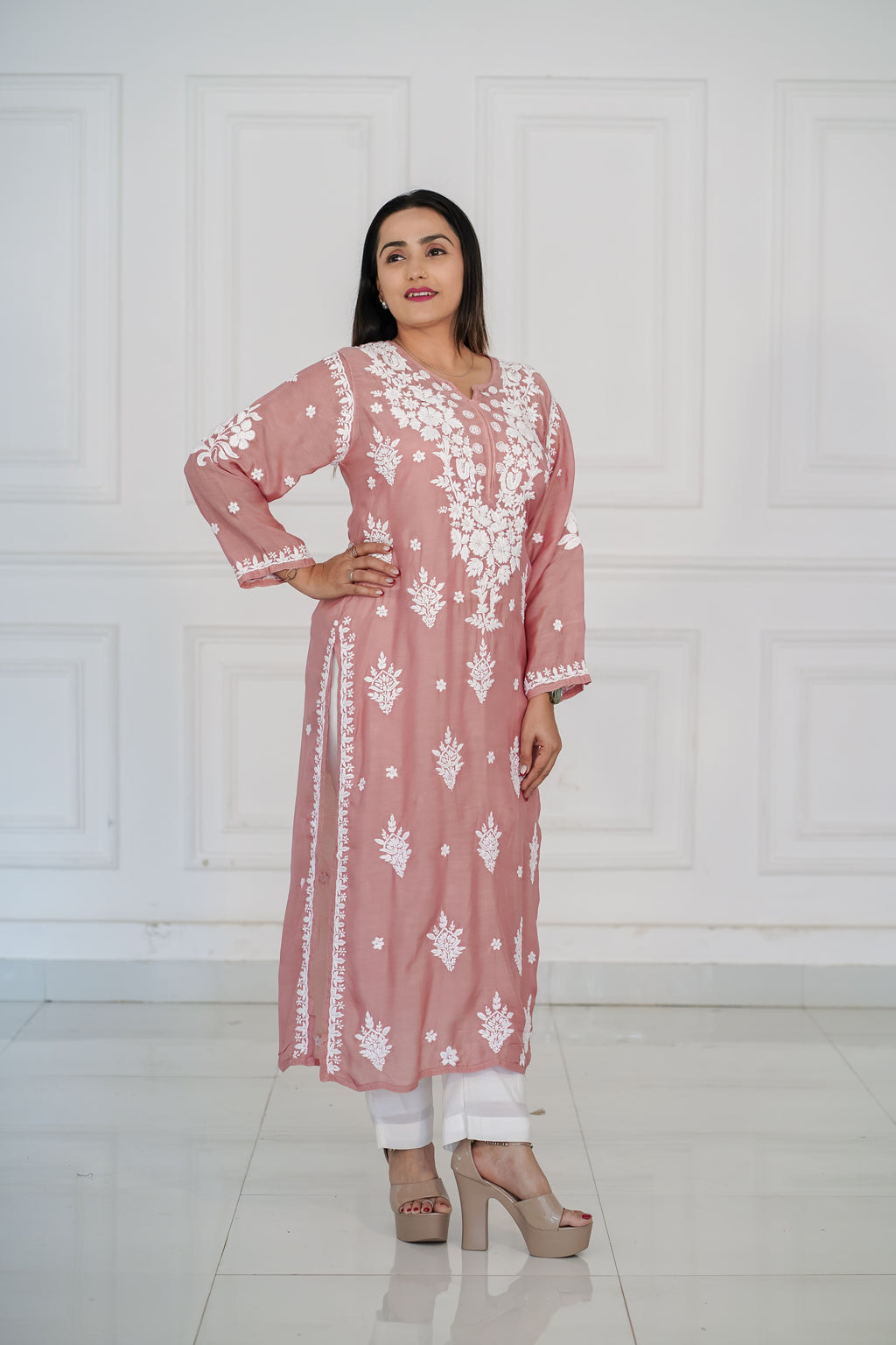 Muslin dusty peach kurti with 3d chikankari