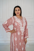 Muslin dusty peach kurti with 3d chikankari