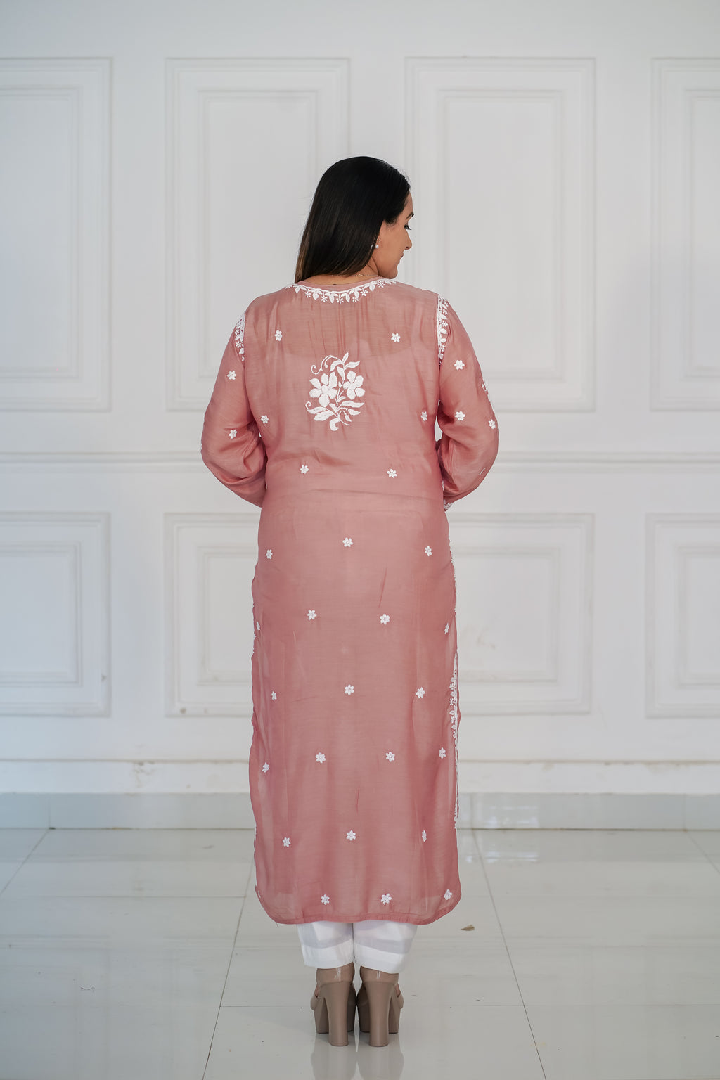 Muslin dusty peach kurti with 3d chikankari