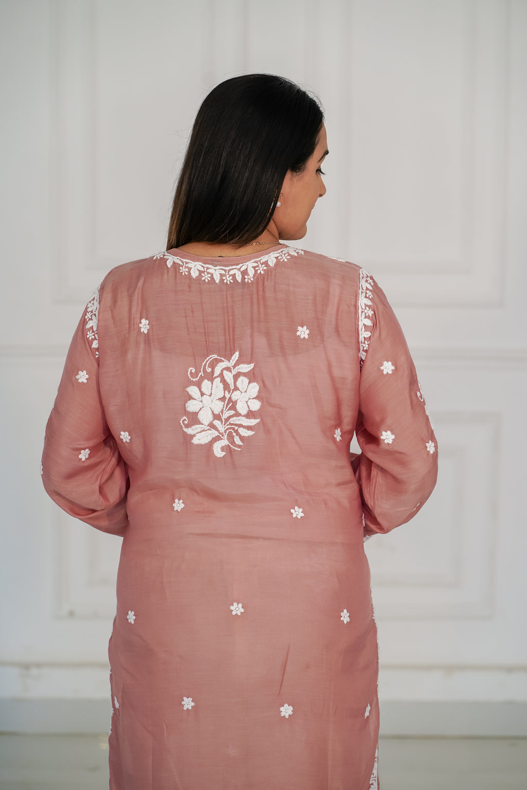 Muslin dusty peach kurti with 3d chikankari