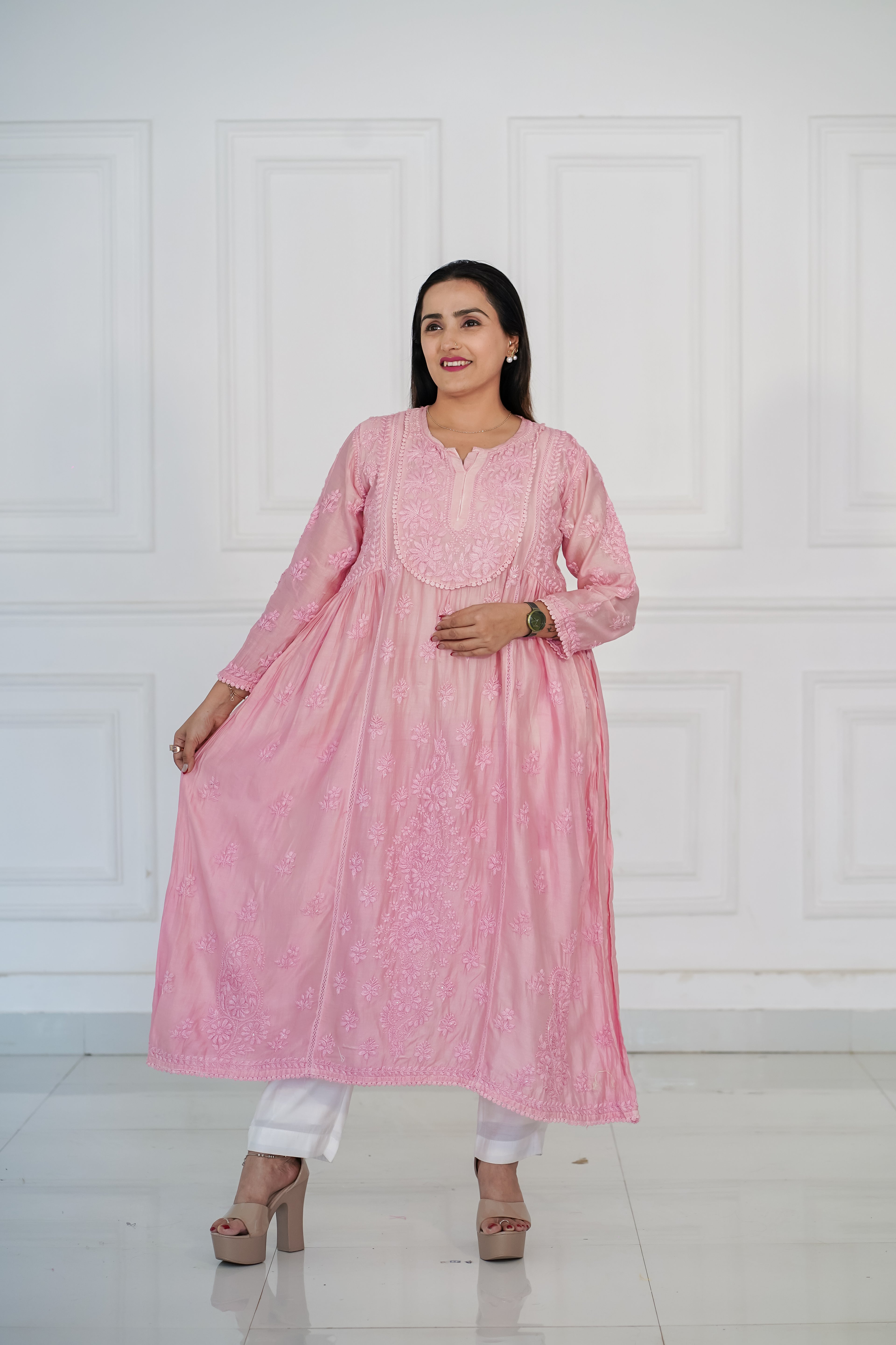 Pure Chanderi Chikankari with Handwork Kurti