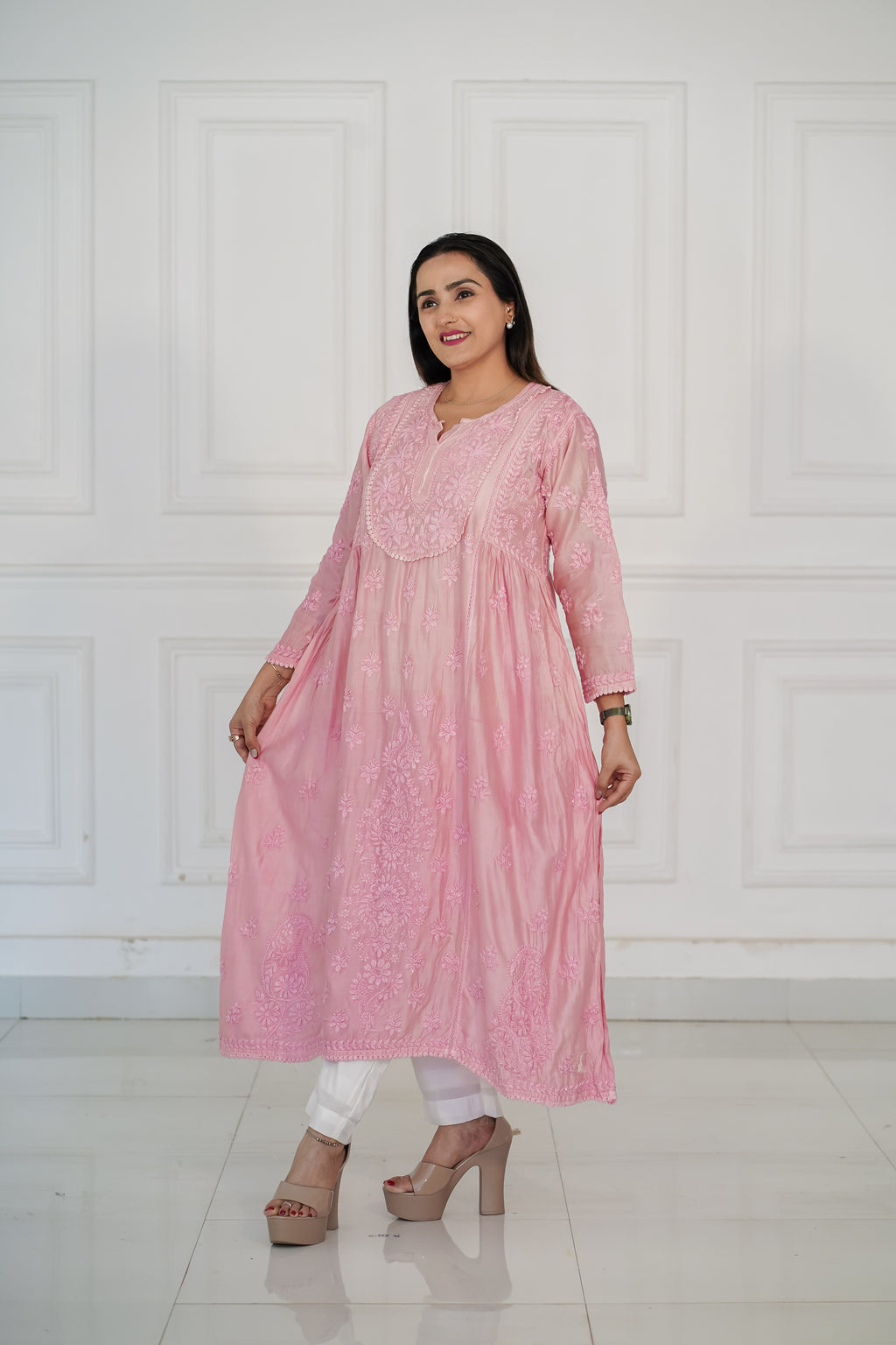 Pure Chanderi Chikankari with Handwork Kurti