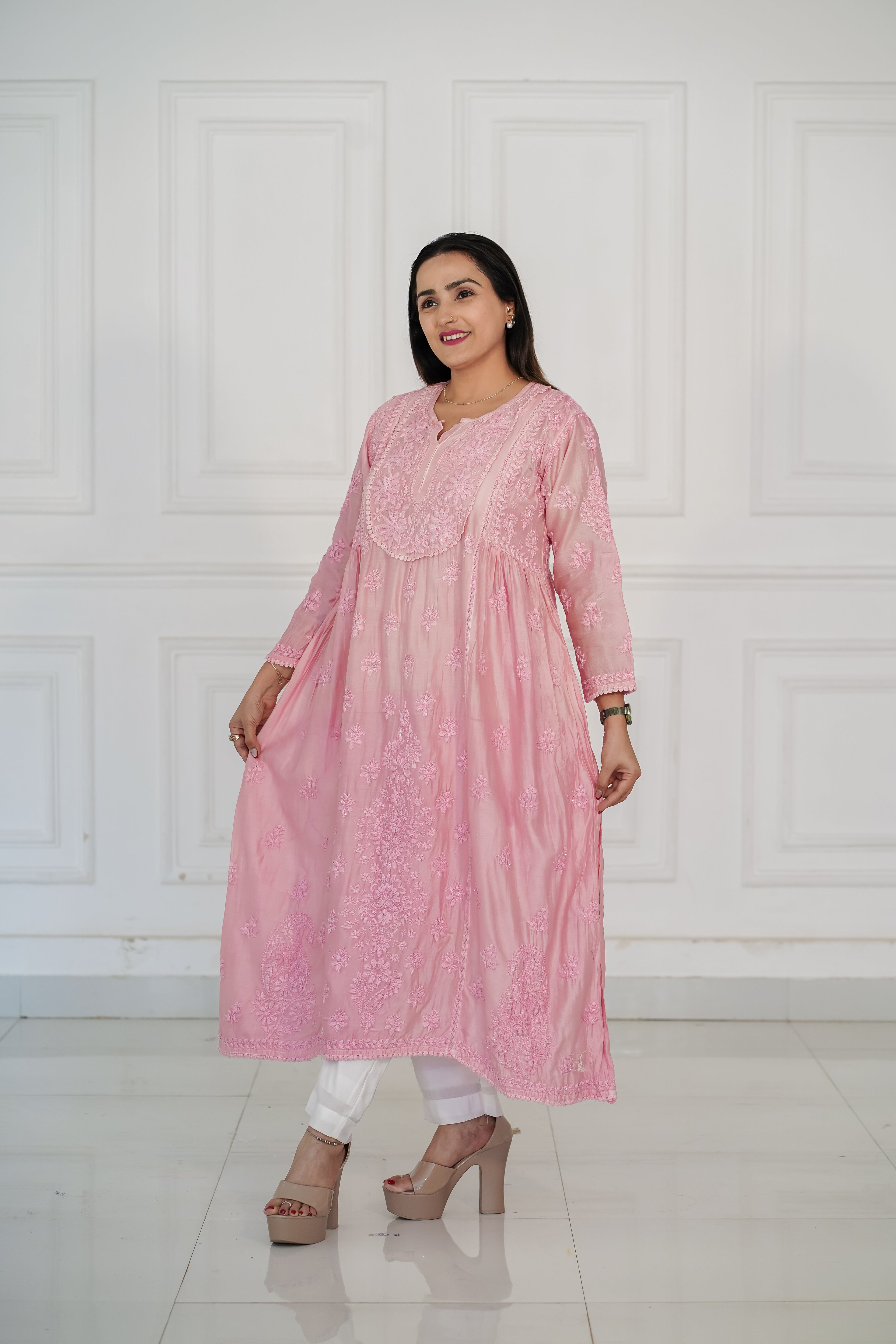Pure Chanderi Chikankari with Handwork Kurti