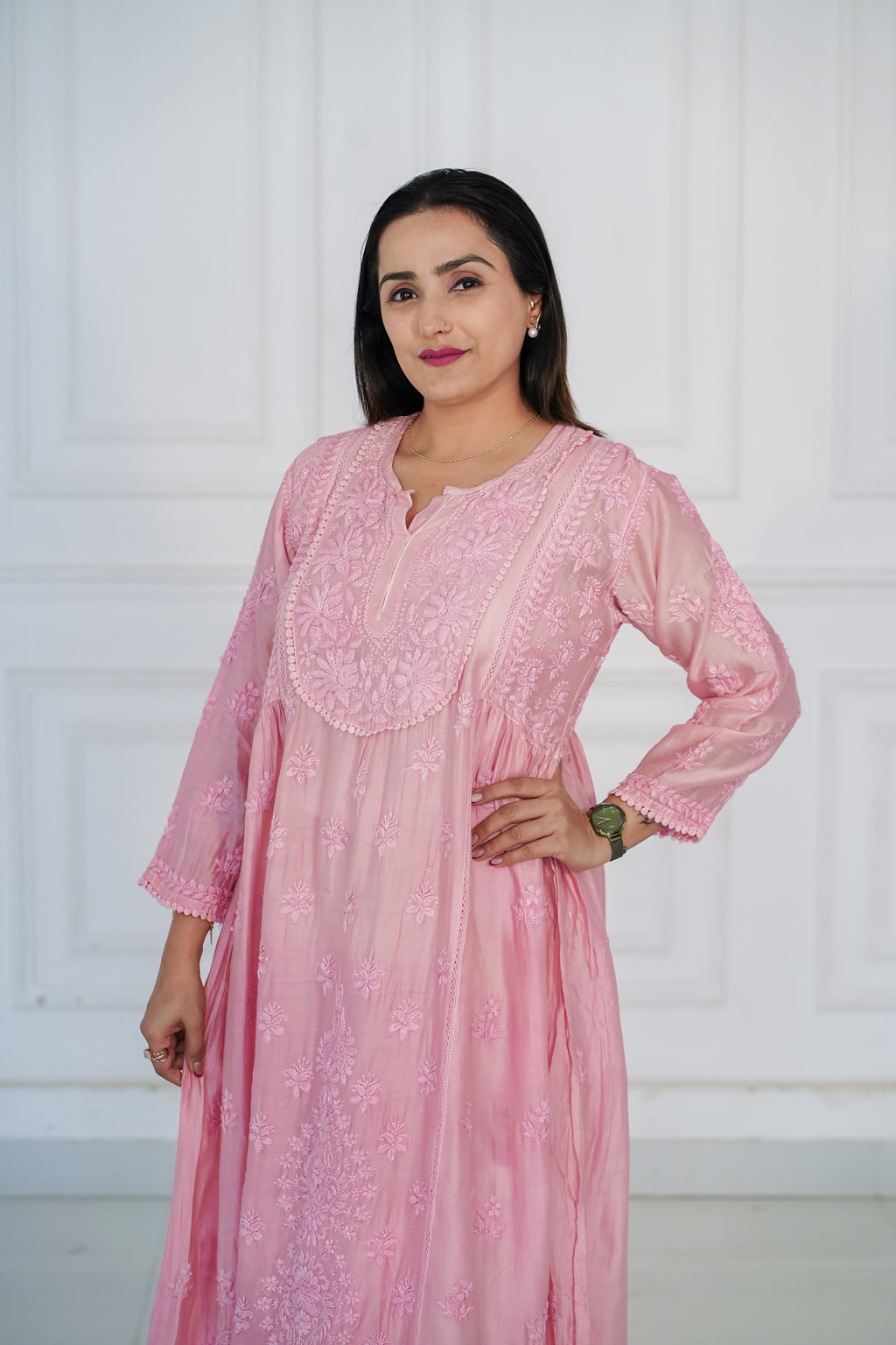 Pure Chanderi Chikankari with Handwork Kurti