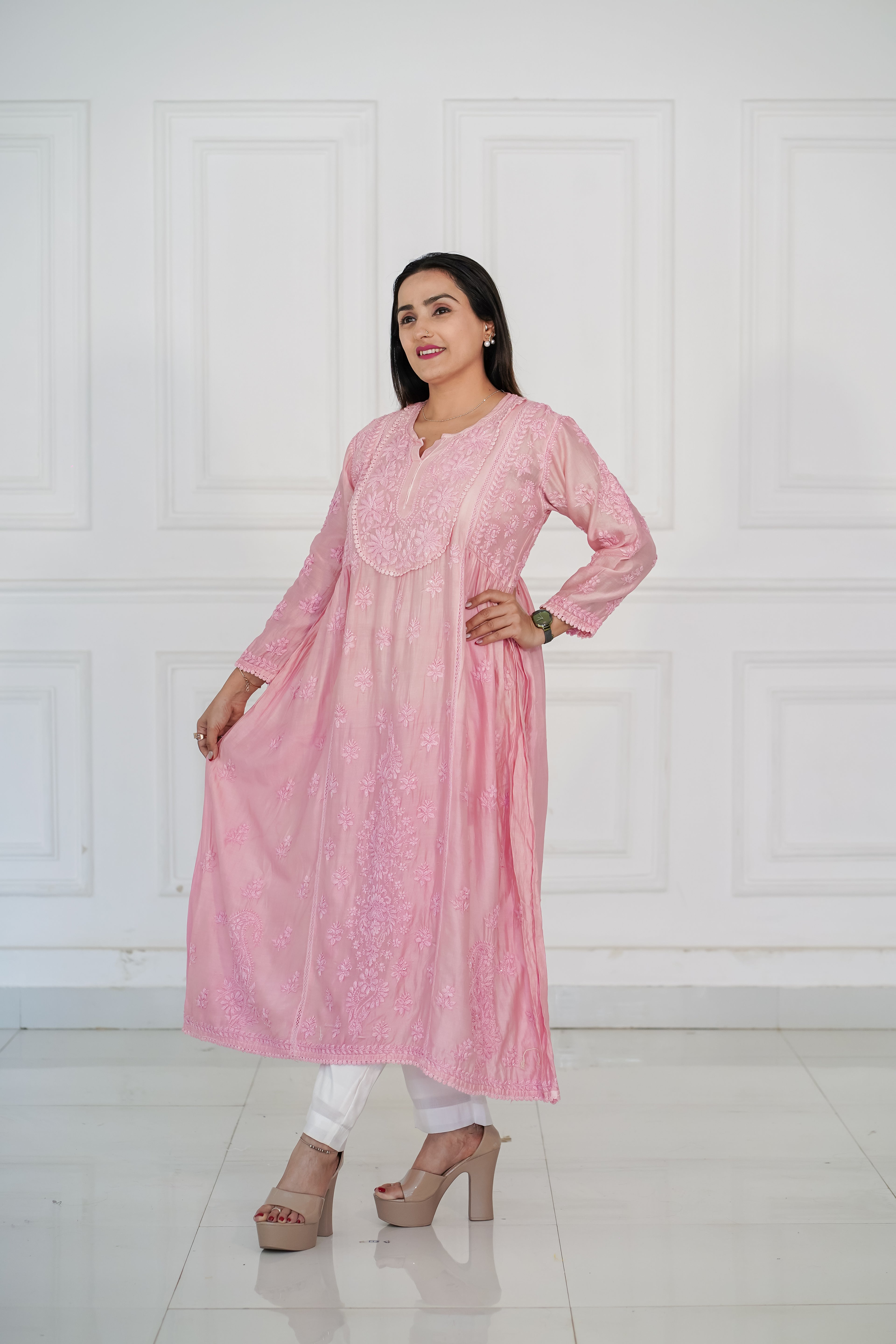Pure Chanderi Chikankari with Handwork Kurti