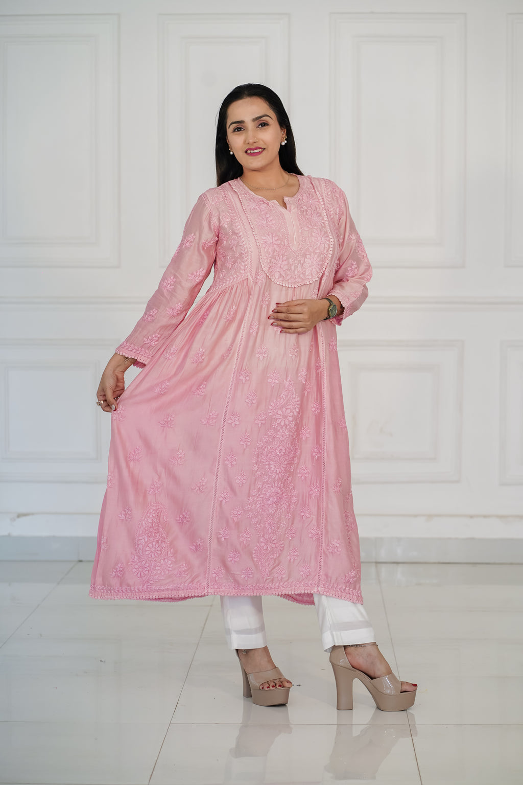 Pure Chanderi Chikankari with Handwork Kurti