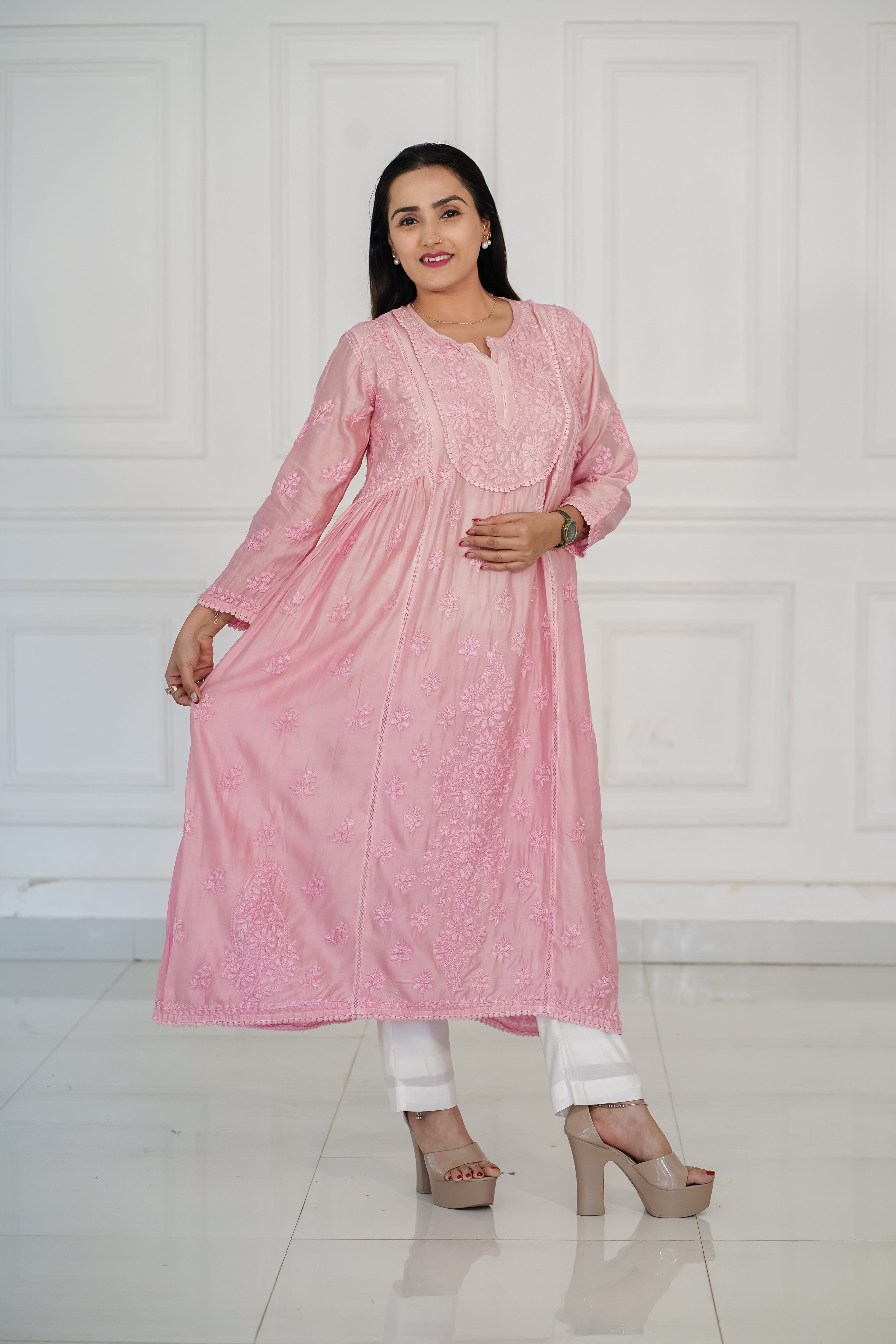 Pure Chanderi Chikankari with Handwork Kurti