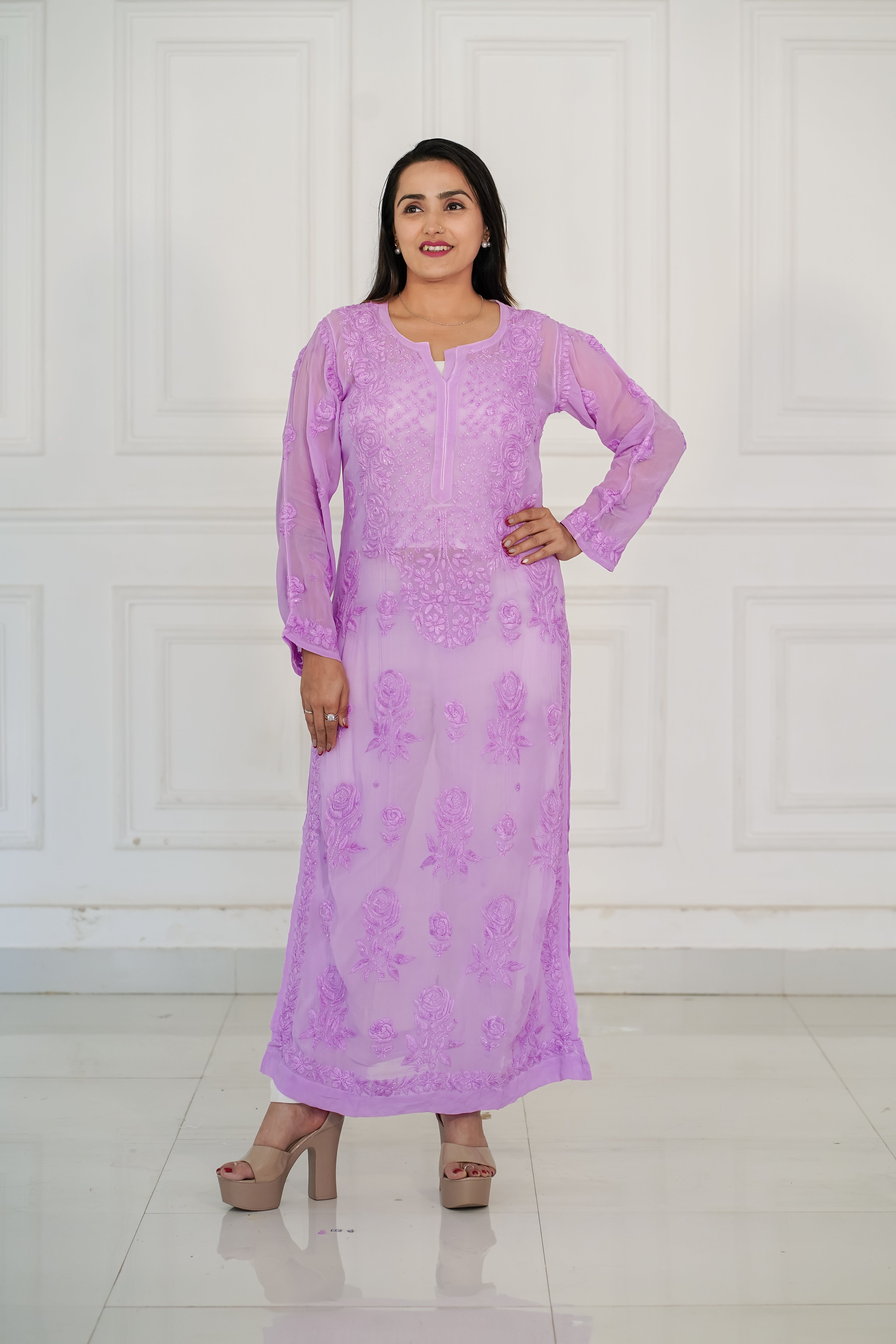 Dark Lavender viscose georgette 3d chikankari and hamdwork